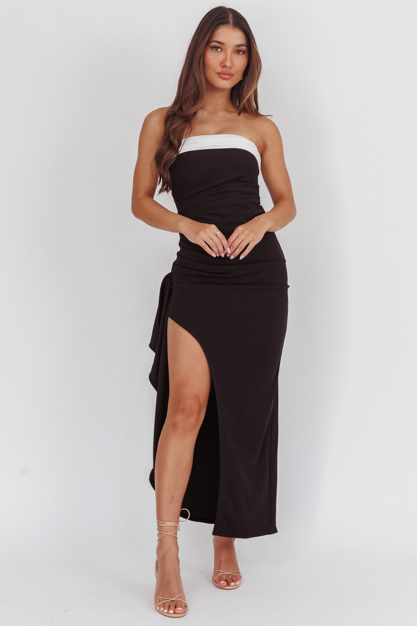 Cha Cha Strapless Thigh Split Dress Contrast Black-Fable Dress