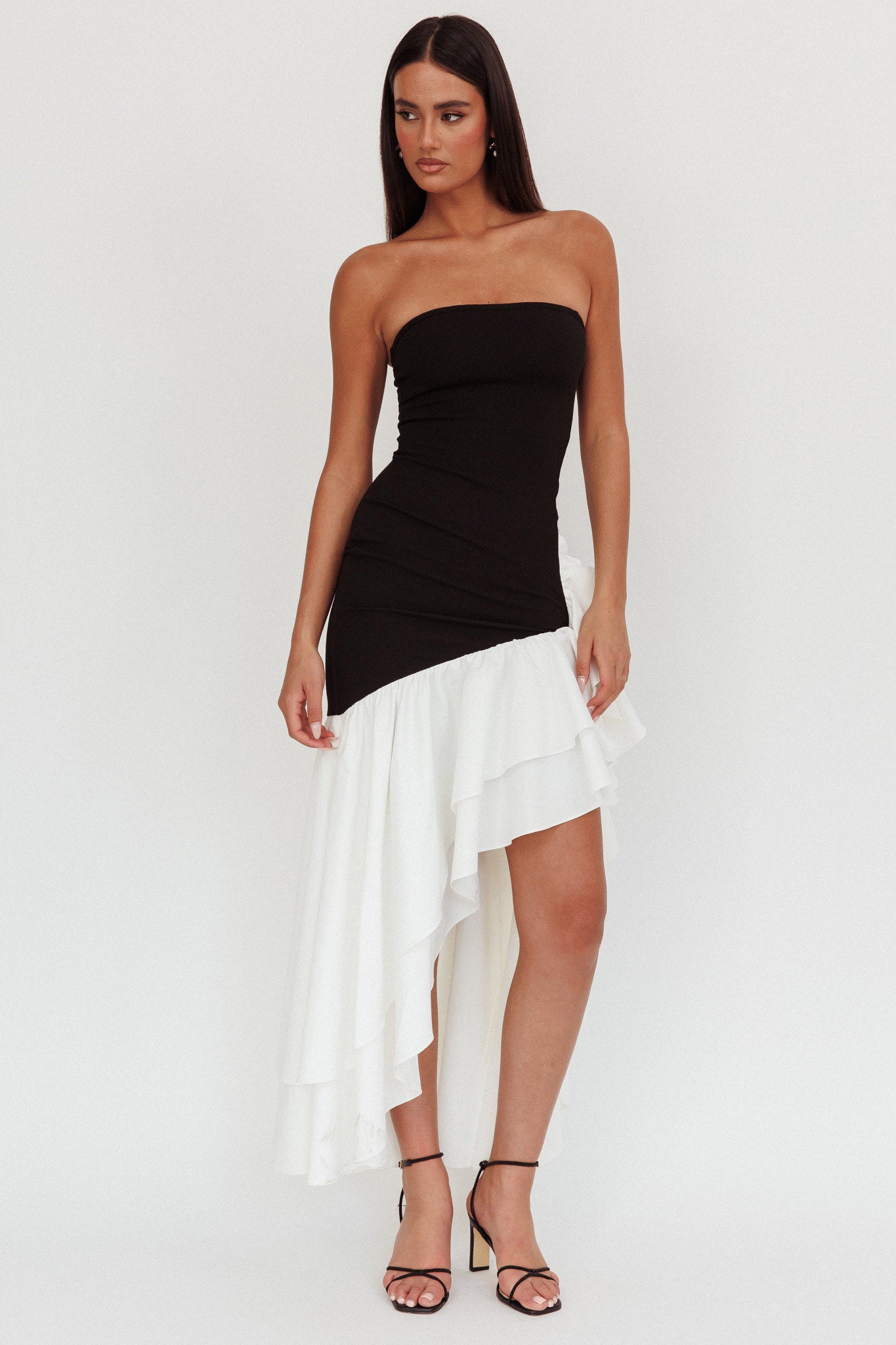 Cha Cha Strapless Thigh Split Dress Black/White-Fable Dress