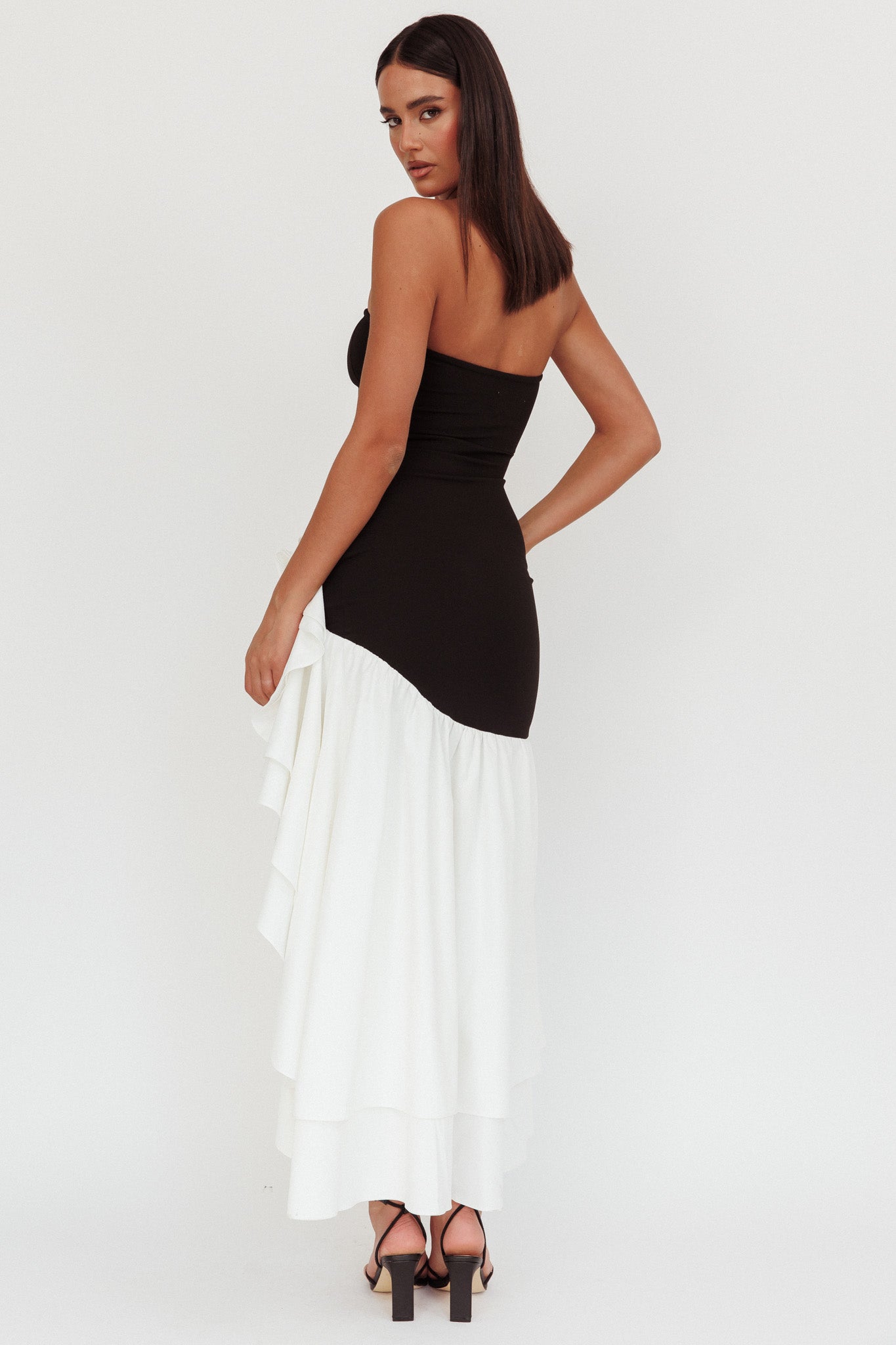 Cha Cha Strapless Thigh Split Dress Black/White-Fable Dress