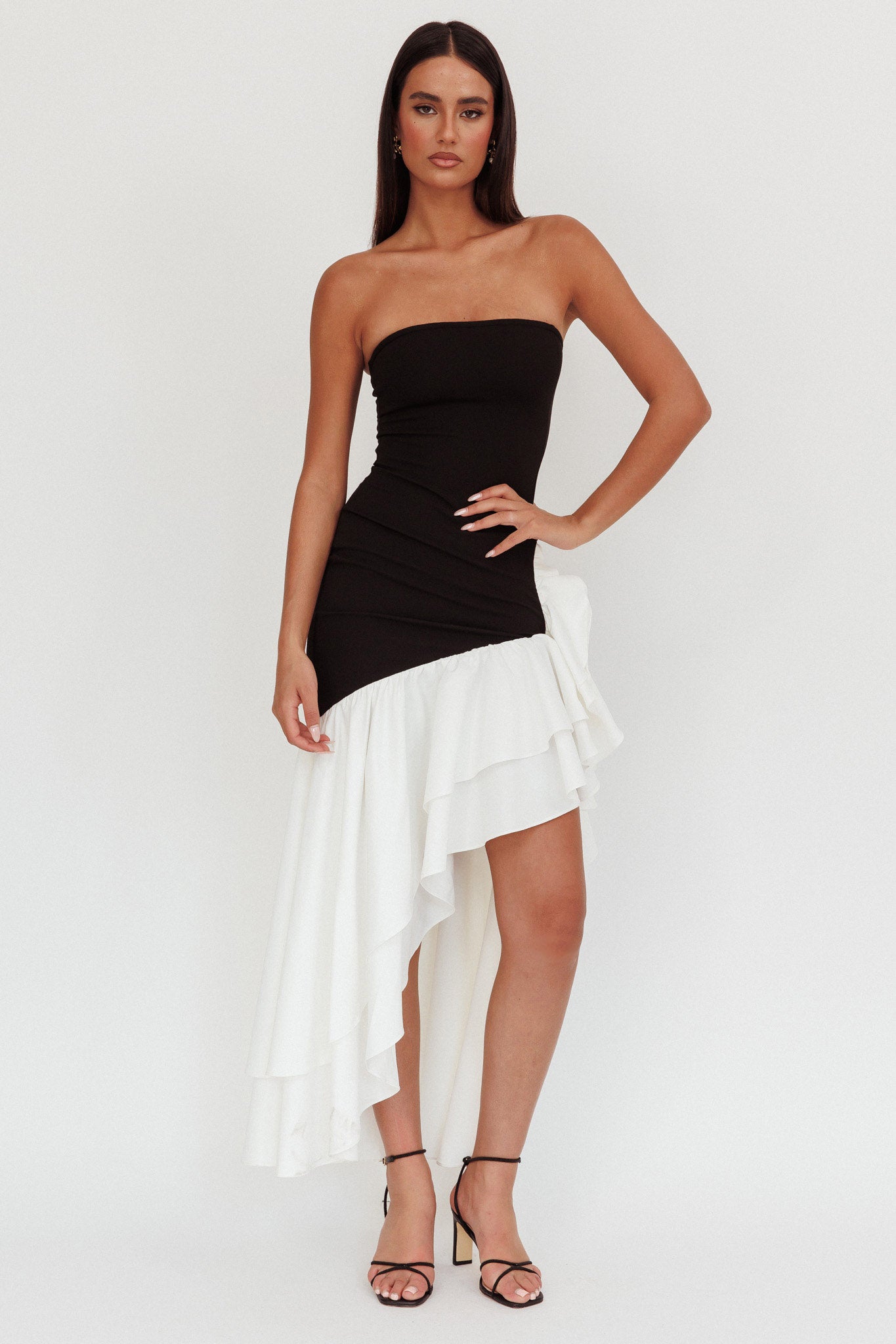 Cha Cha Strapless Thigh Split Dress Black/White-Fable Dress