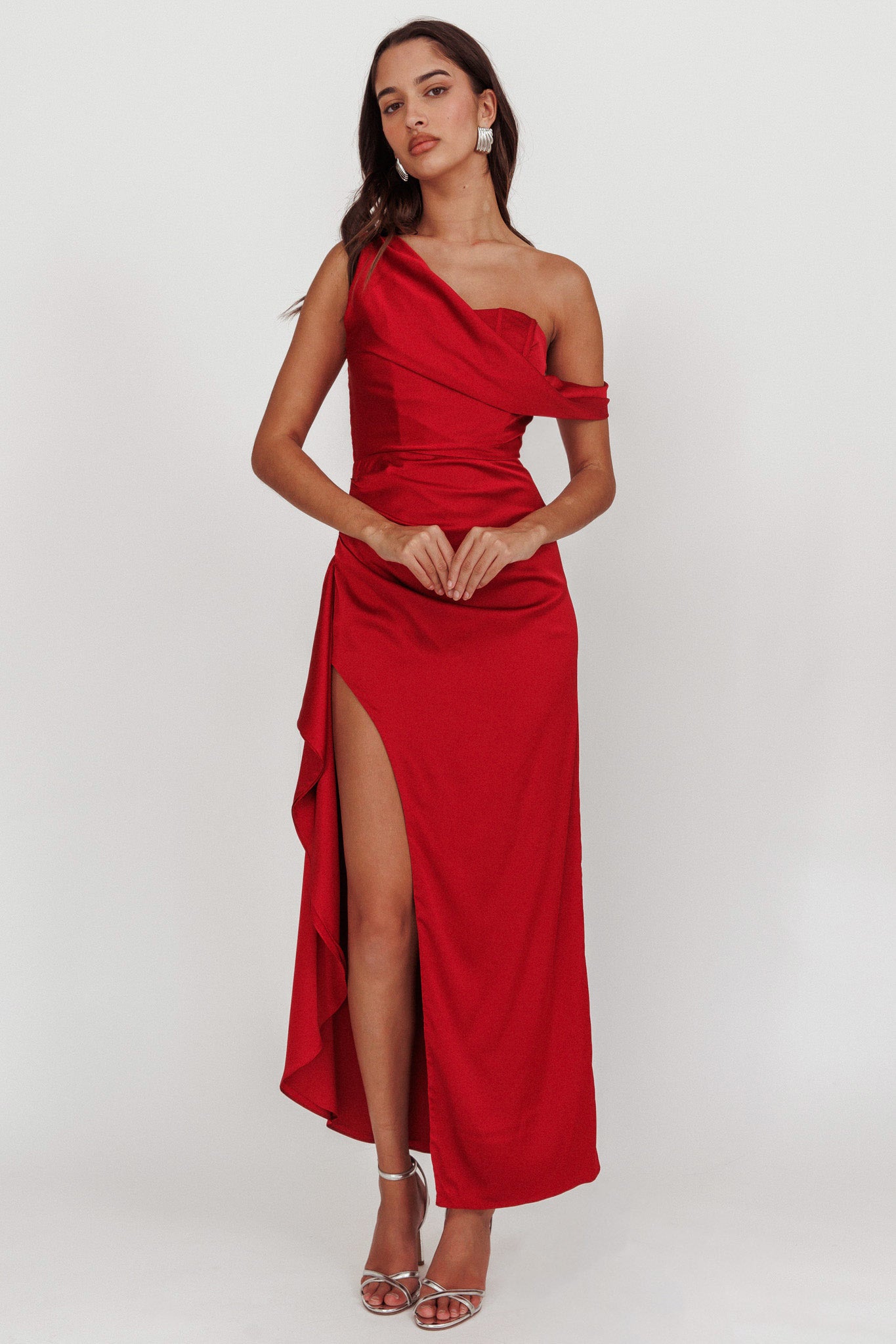 Sensations Off Shoulder Satin Maxi Dress Red-Fable Dress