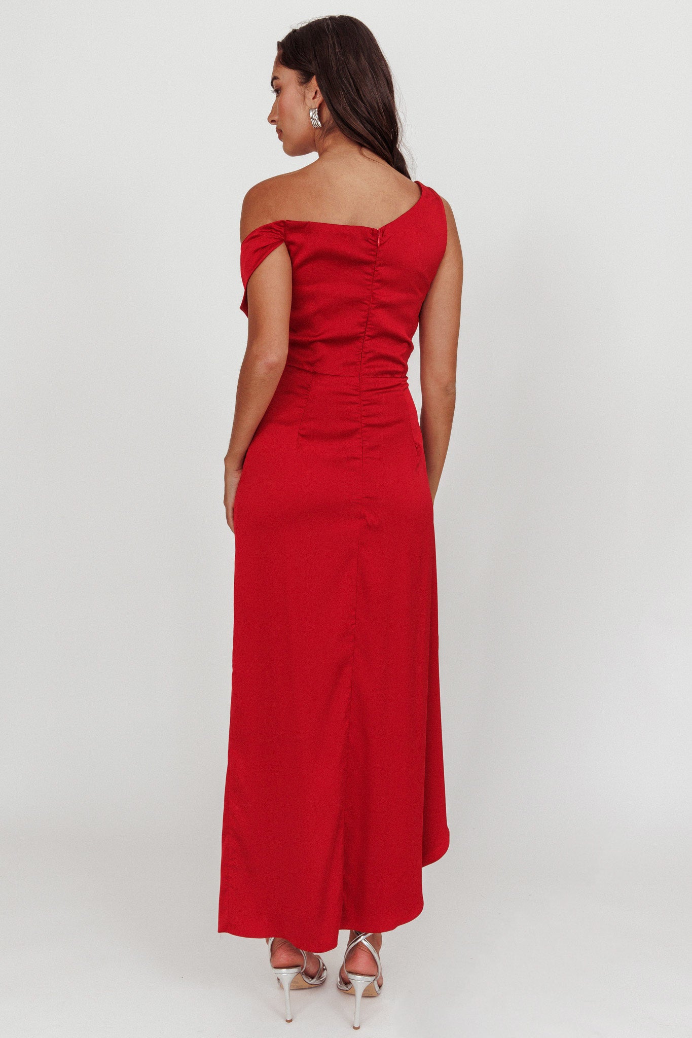 Sensations Off Shoulder Satin Maxi Dress Red-Fable Dress