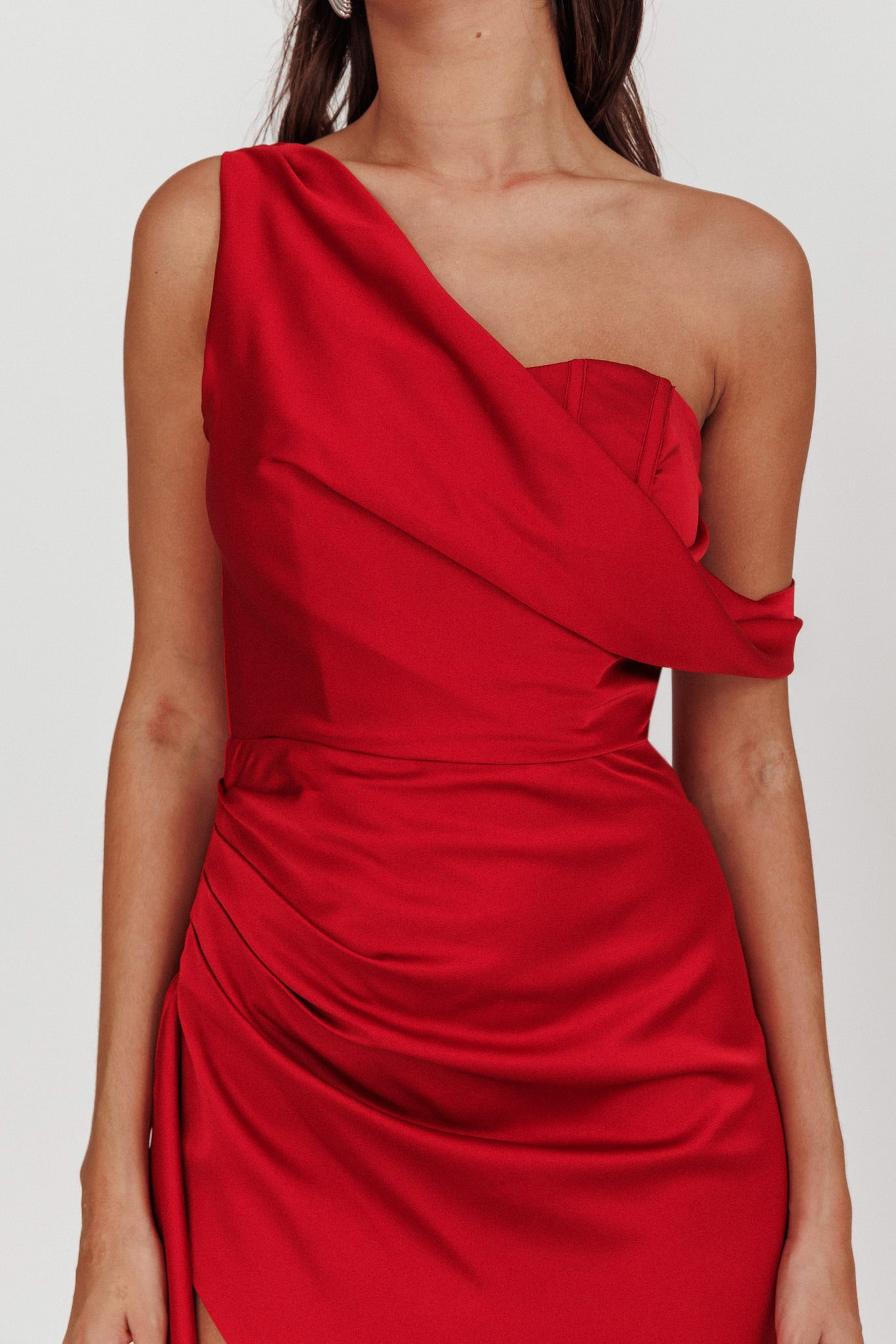 Sensations Off Shoulder Satin Maxi Dress Red-Fable Dress