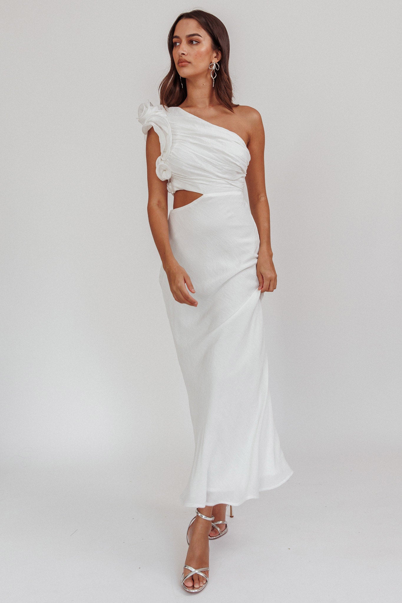 Deanna One-Shoulder Ruffle Maxi Dress White-Fable Dress