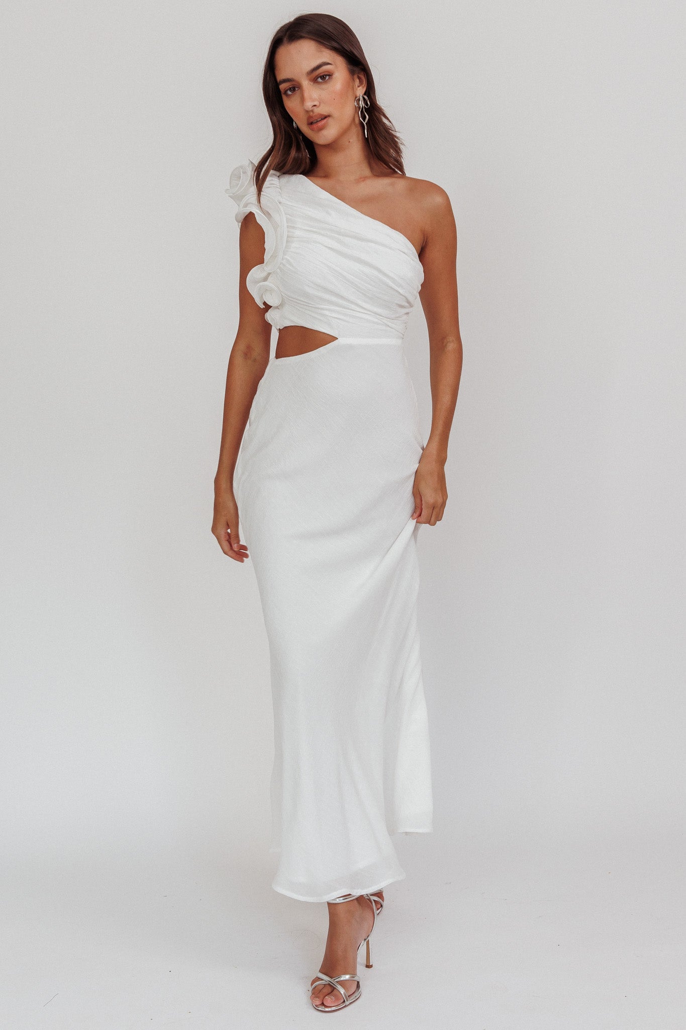 Deanna One-Shoulder Ruffle Maxi Dress White-Fable Dress