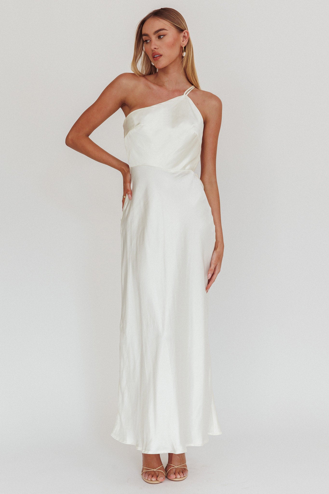 Aubrianna One-Shoulder Strappy Back Dress White-Fable Dress