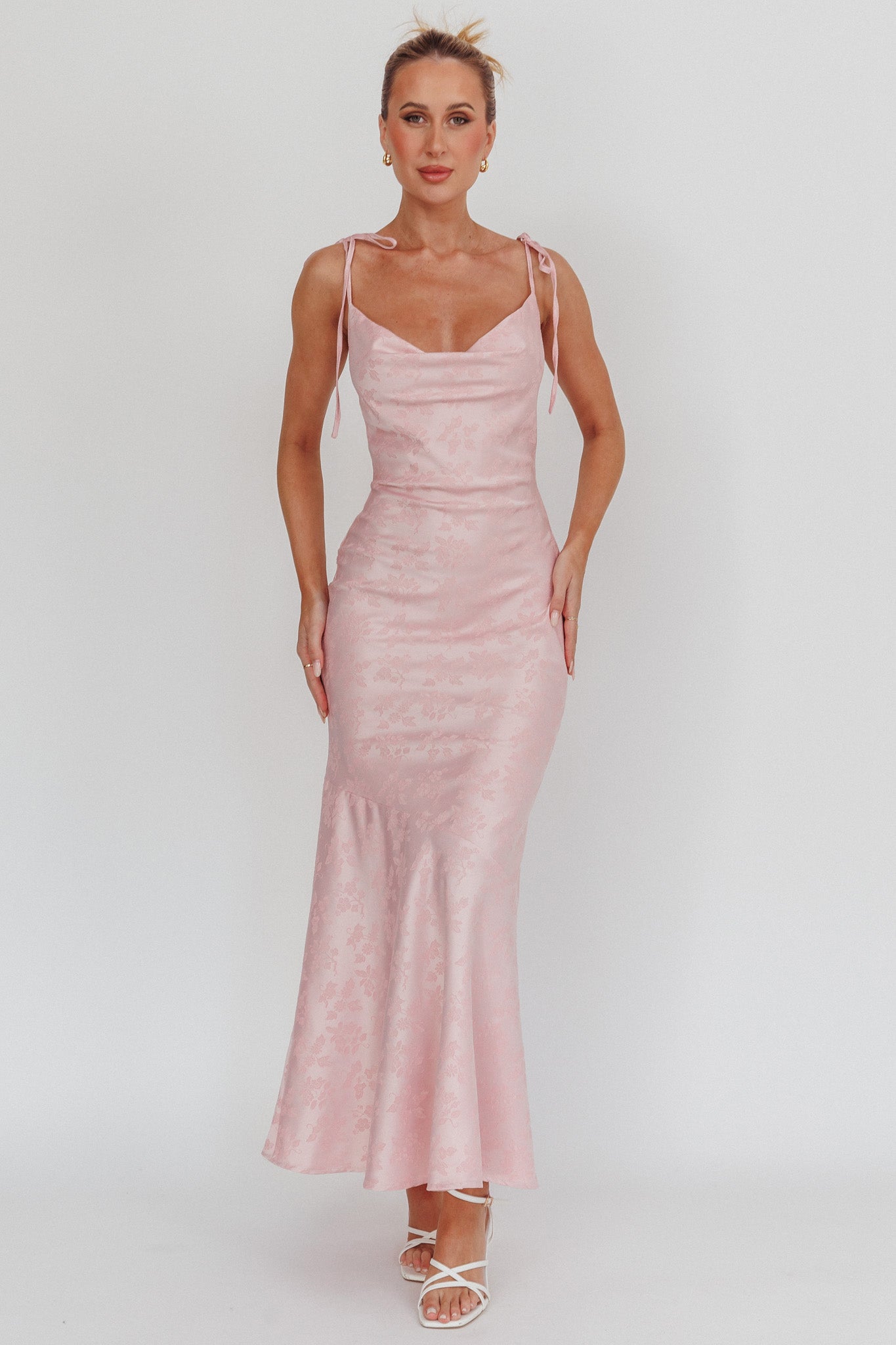 Belonging Cowl Neck Tied Shoulders Maxi Dress Blush-Fable Dress