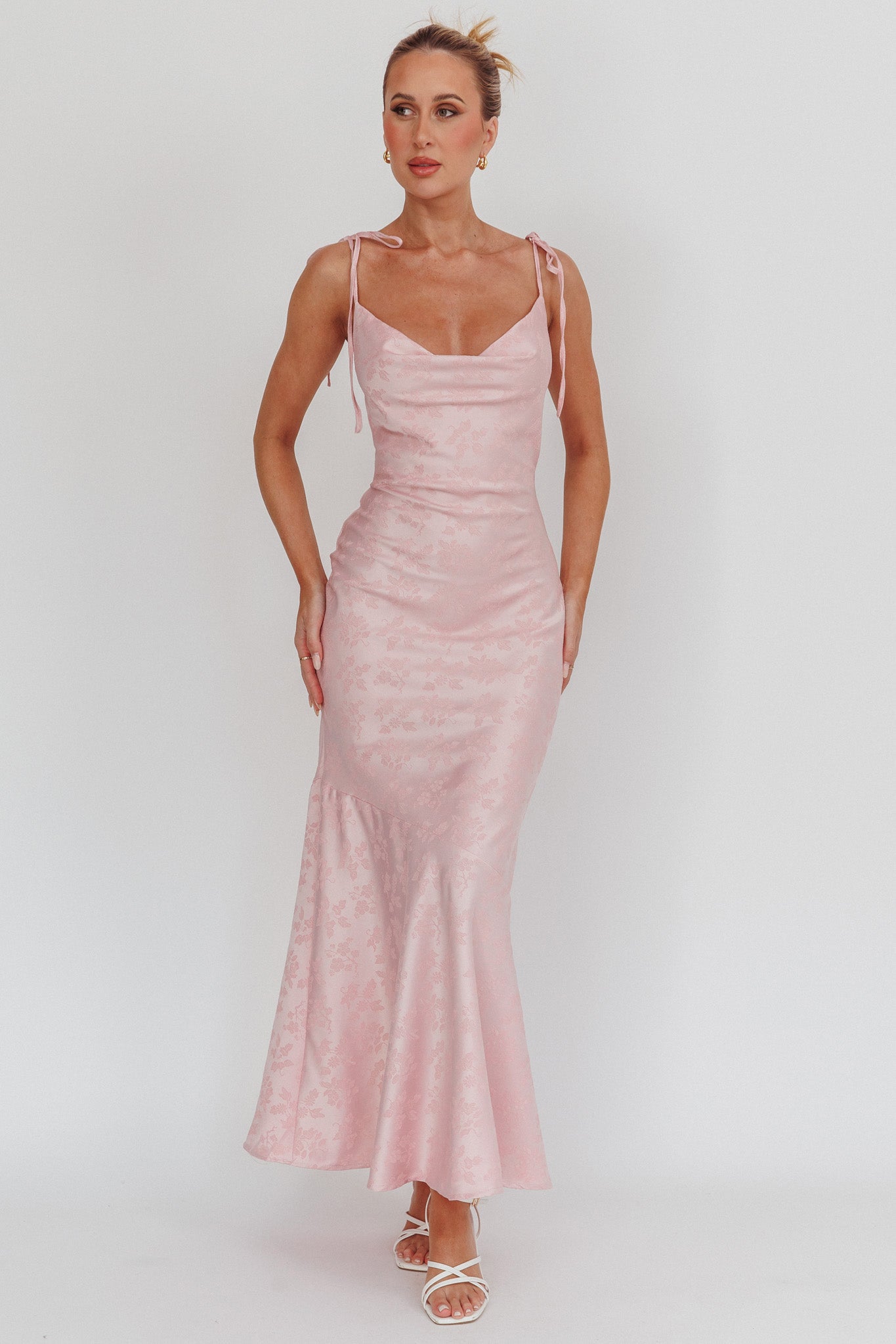 Belonging Cowl Neck Tied Shoulders Maxi Dress Blush-Fable Dress