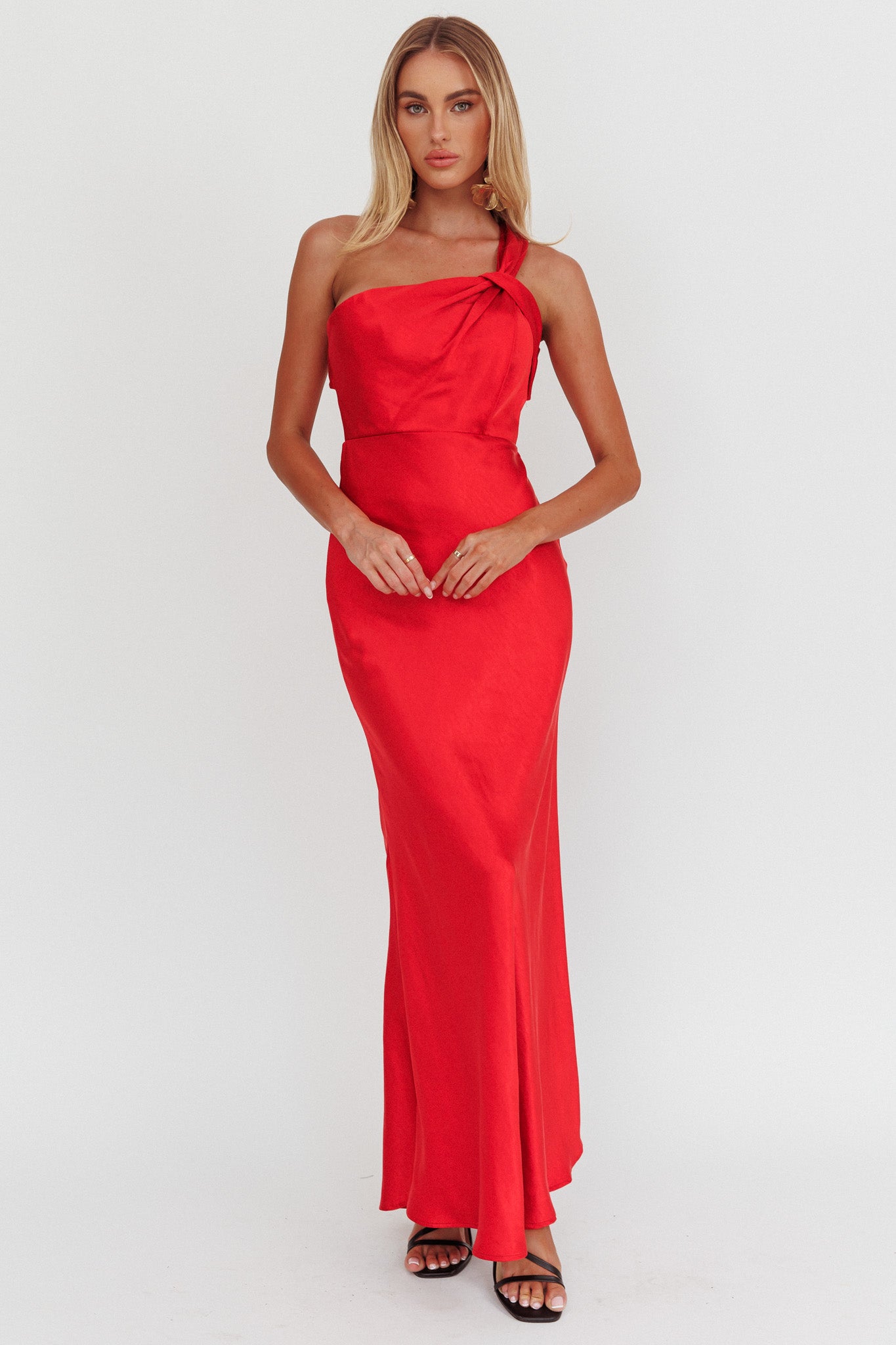Fly Love Satin One Shoulder Maxi Dress Red-Fable Dress
