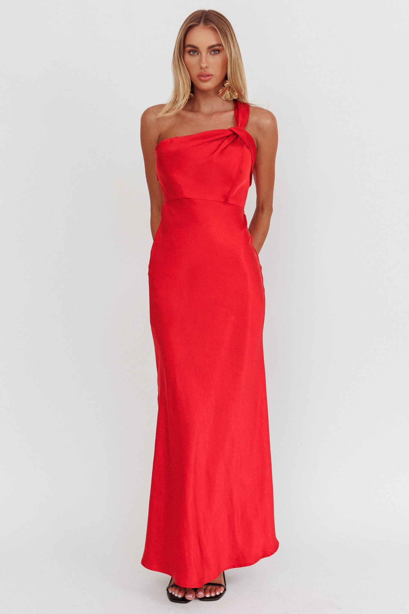 Fly Love Satin One Shoulder Maxi Dress Red-Fable Dress
