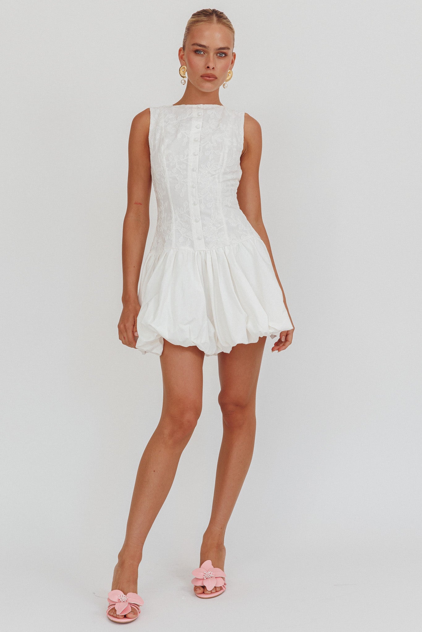 Opulent Sleeveless Bubble Hem Mini Dress Embroidered White-Fable Dress