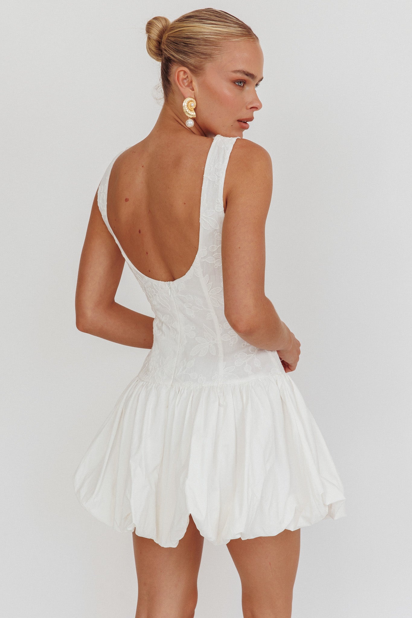 Opulent Sleeveless Bubble Hem Mini Dress Embroidered White-Fable Dress