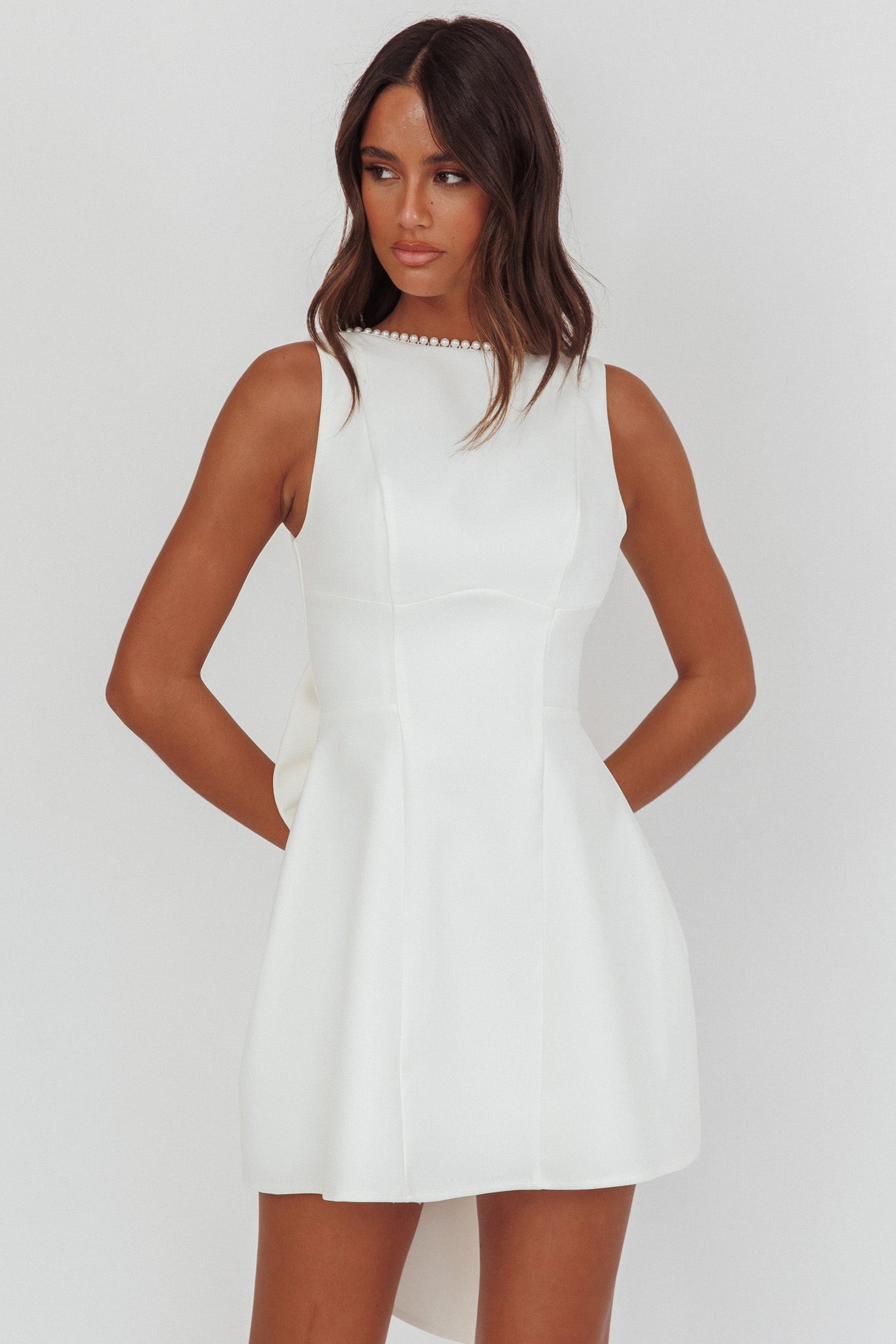 Opulent Pearl Trim Oversized Bow Mini Dress White-Fable Dress