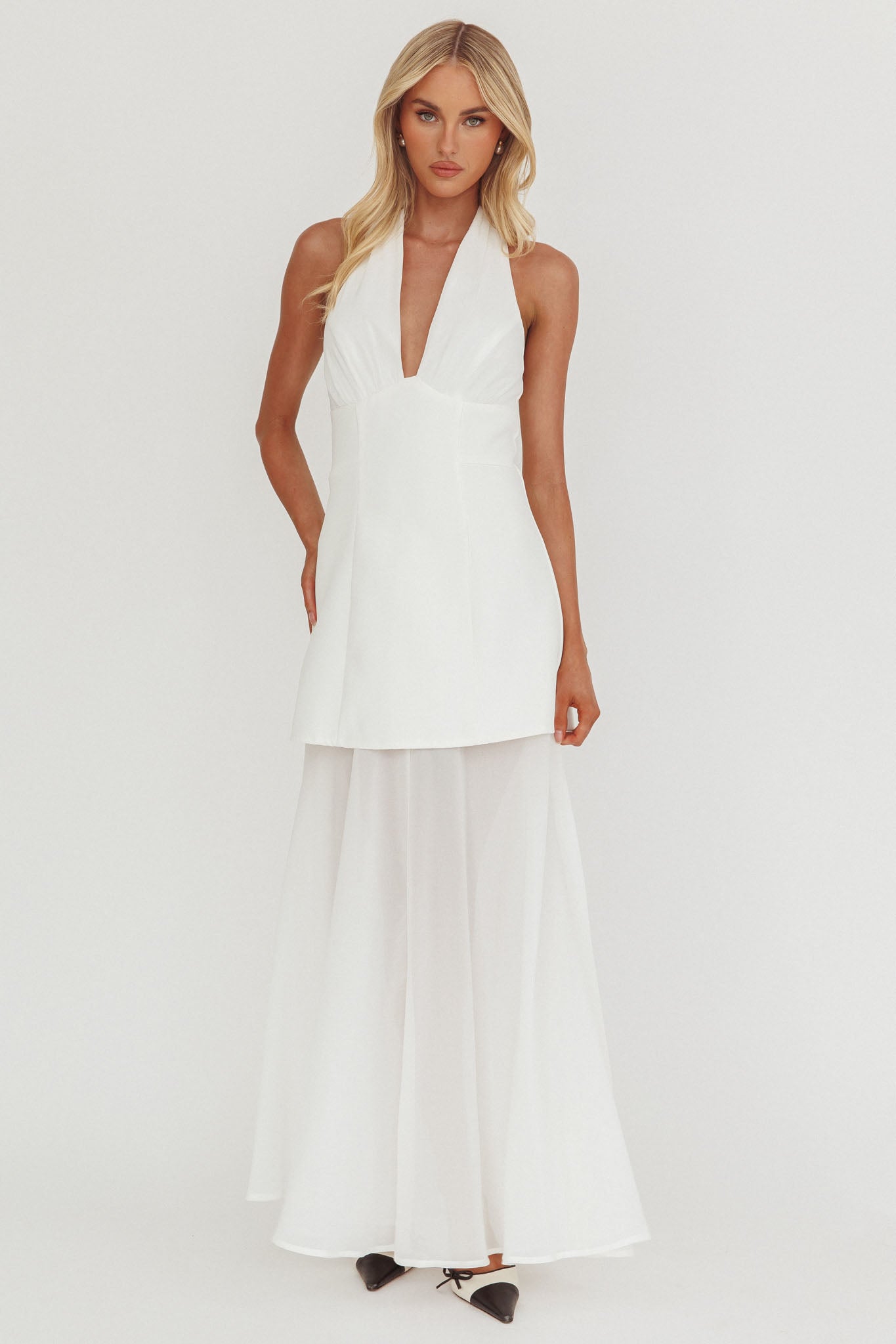 Opulent Halterneck Layered Maxi Dress White-Fable Dress