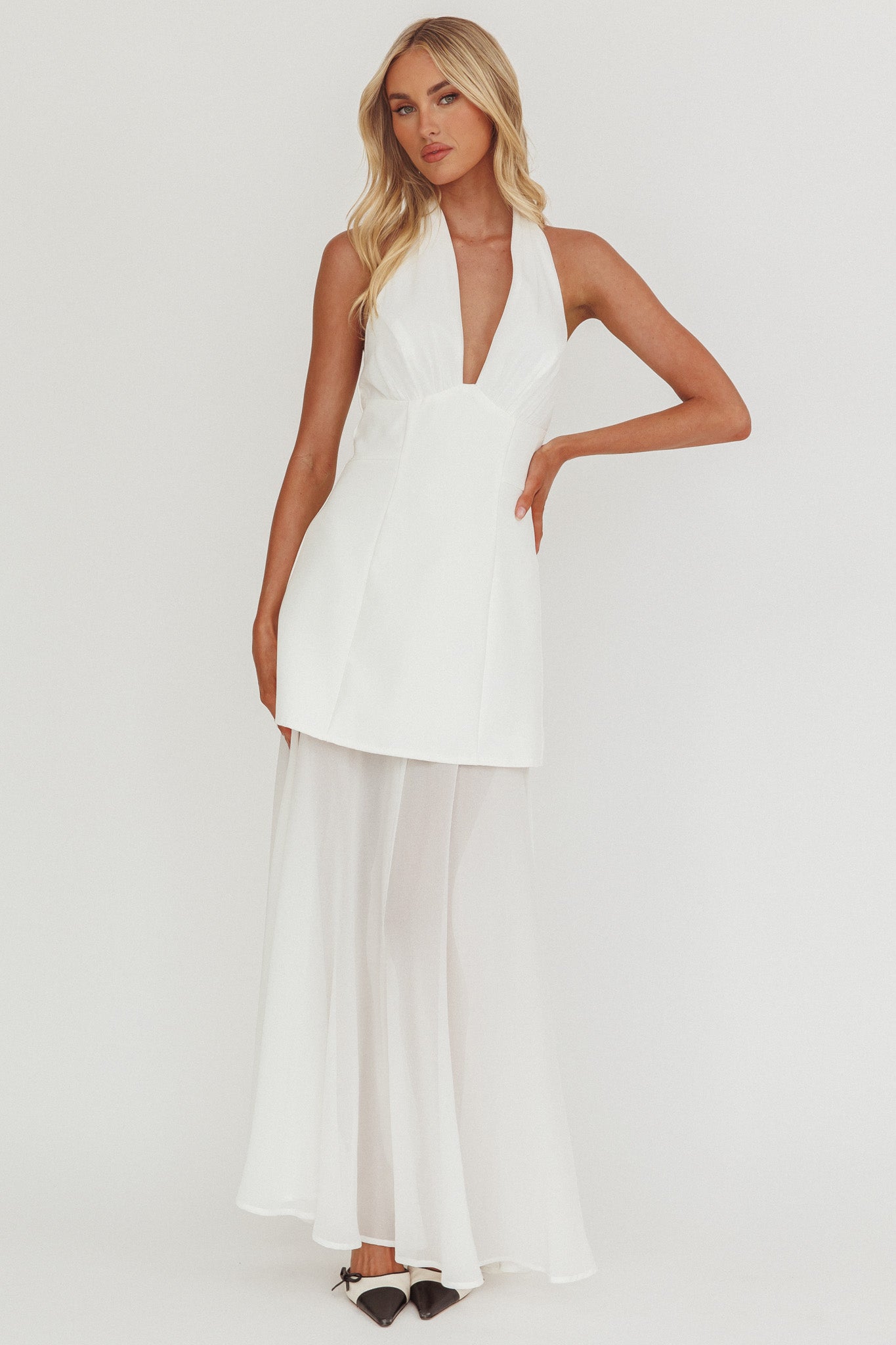 Opulent Halterneck Layered Maxi Dress White-Fable Dress