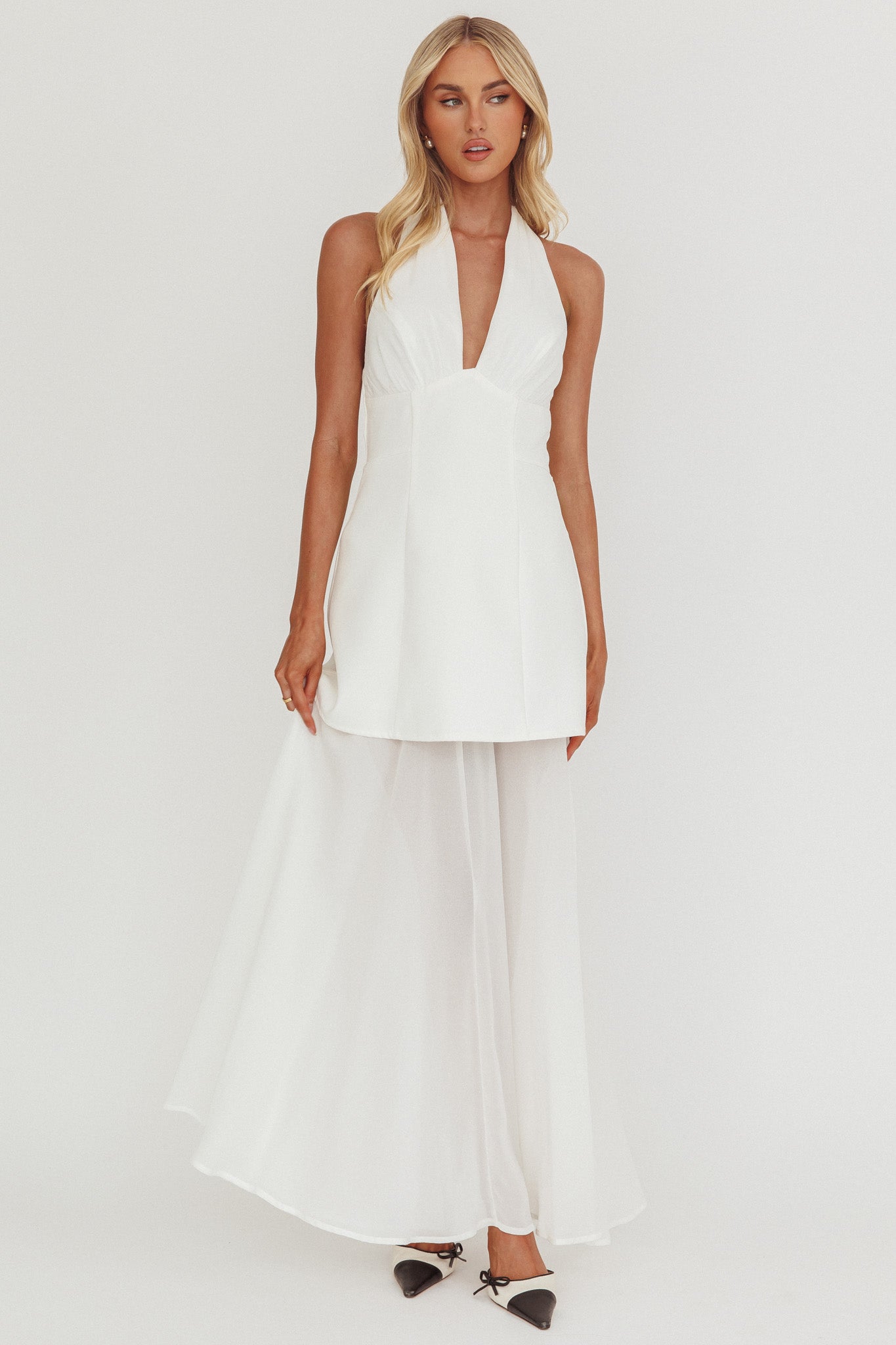 Opulent Halterneck Layered Maxi Dress White-Fable Dress
