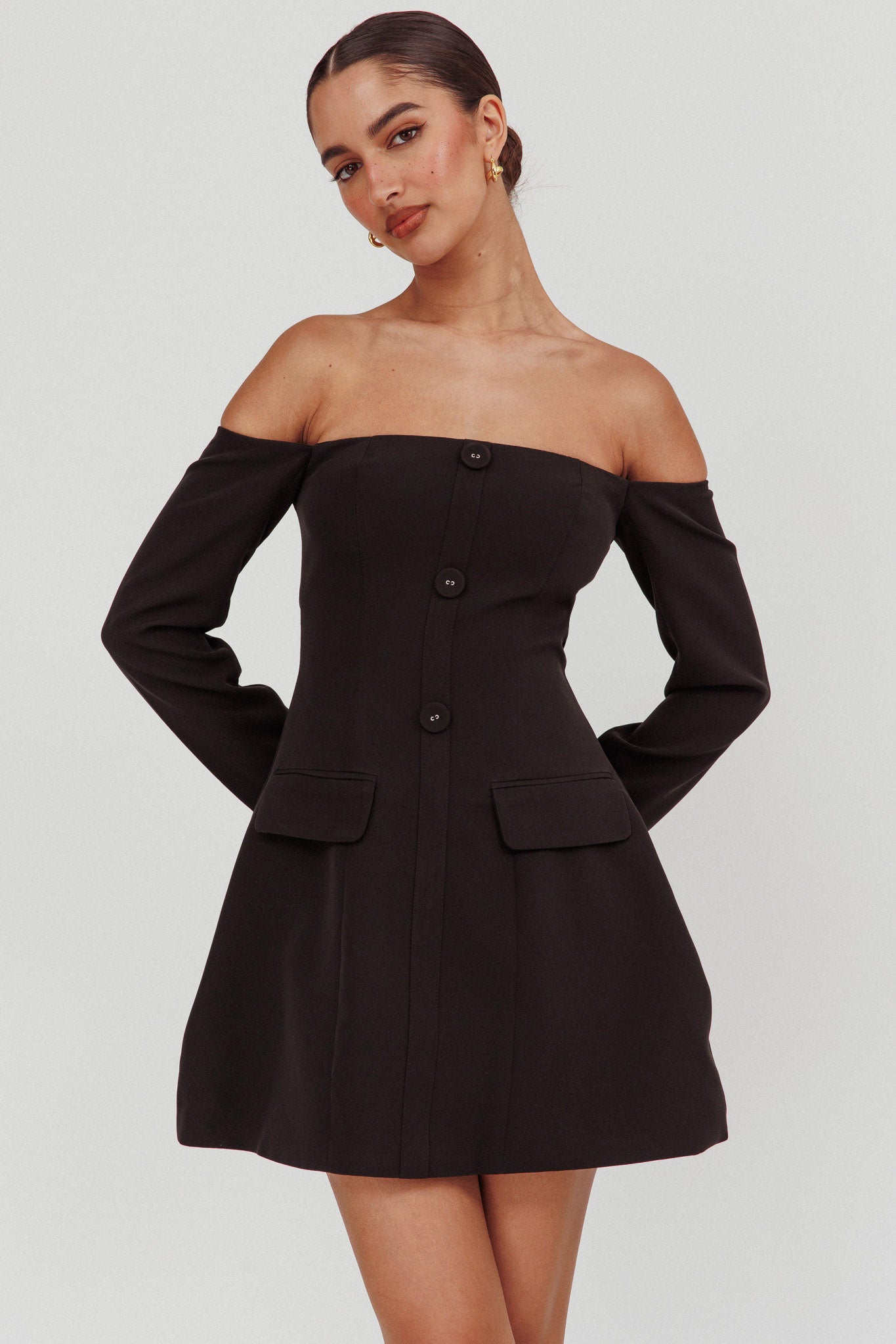Cherry Wine Off Shoulder Mini Dress Black-Fable Dress