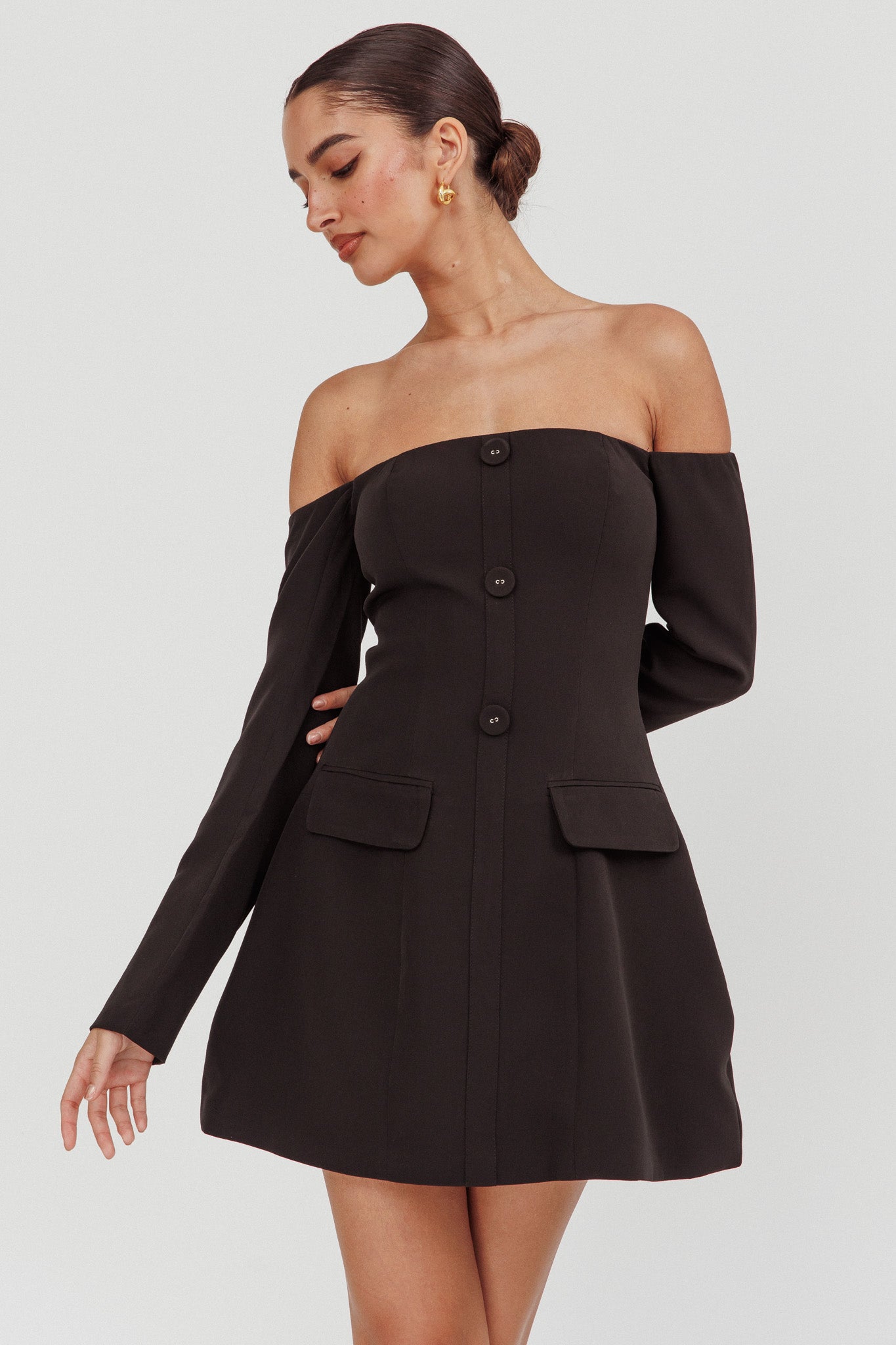 Cherry Wine Off Shoulder Mini Dress Black-Fable Dress