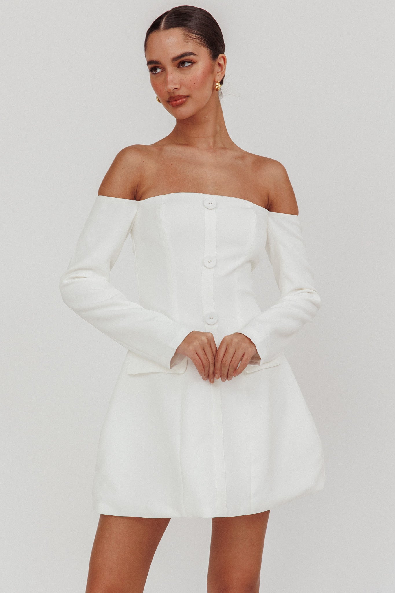 Cherry Wine Off Shoulder Mini Dress White-Fable Dress