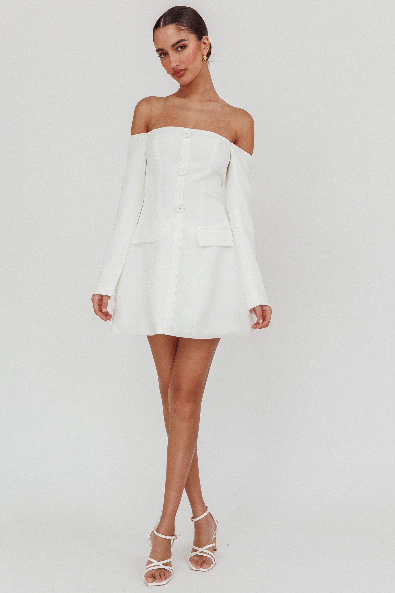 Cherry Wine Off Shoulder Mini Dress White-Fable Dress