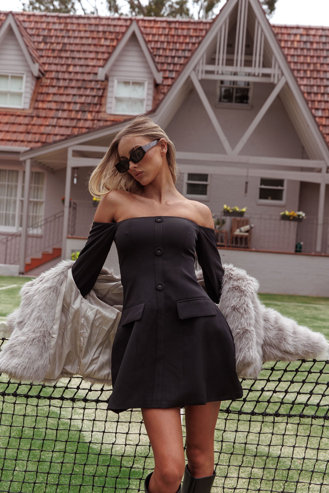 Cherry Wine Off Shoulder Mini Dress Black-Fable Dress