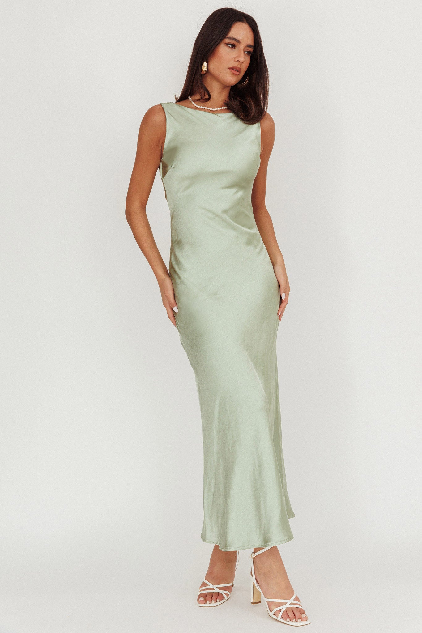 Carmine Satin Sleeveless Maxi Dress Sage-Fable Dress