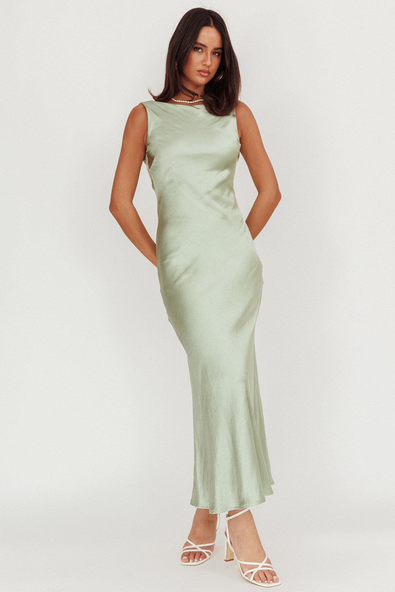 Carmine Satin Sleeveless Maxi Dress Sage-Fable Dress