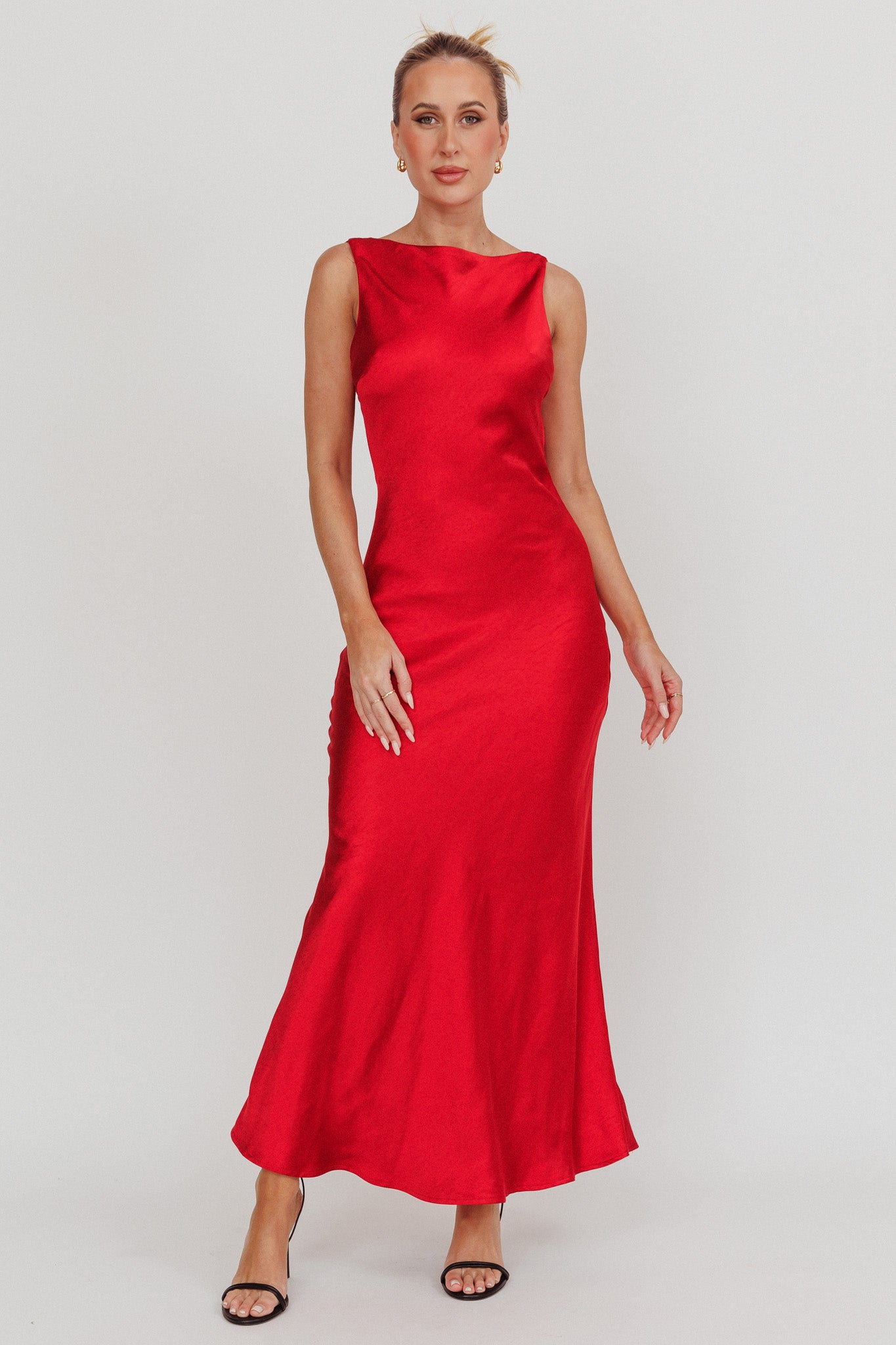 Carmine Satin Sleeveless Maxi Dress Wine-Fable Dress