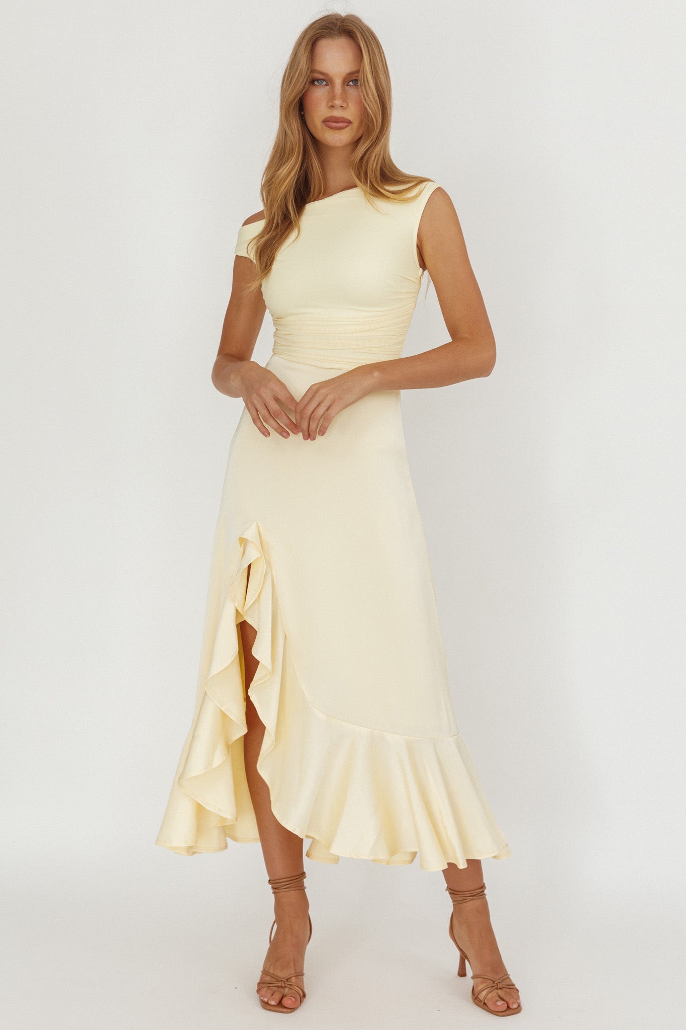 Moonlit Magic Asymmetric Neckline Satin Ruffle Dress Butter-Fable Dress
