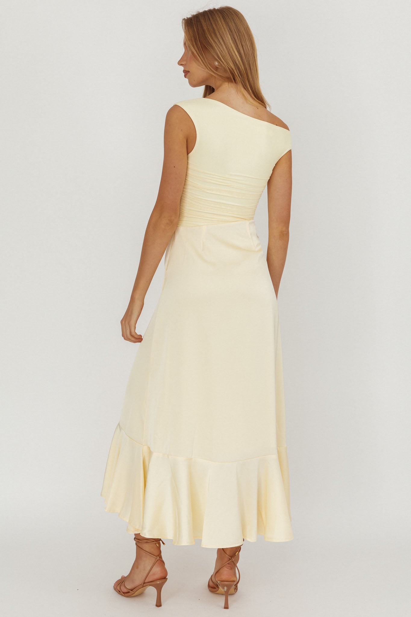 Moonlit Magic Asymmetric Neckline Satin Ruffle Dress Butter-Fable Dress