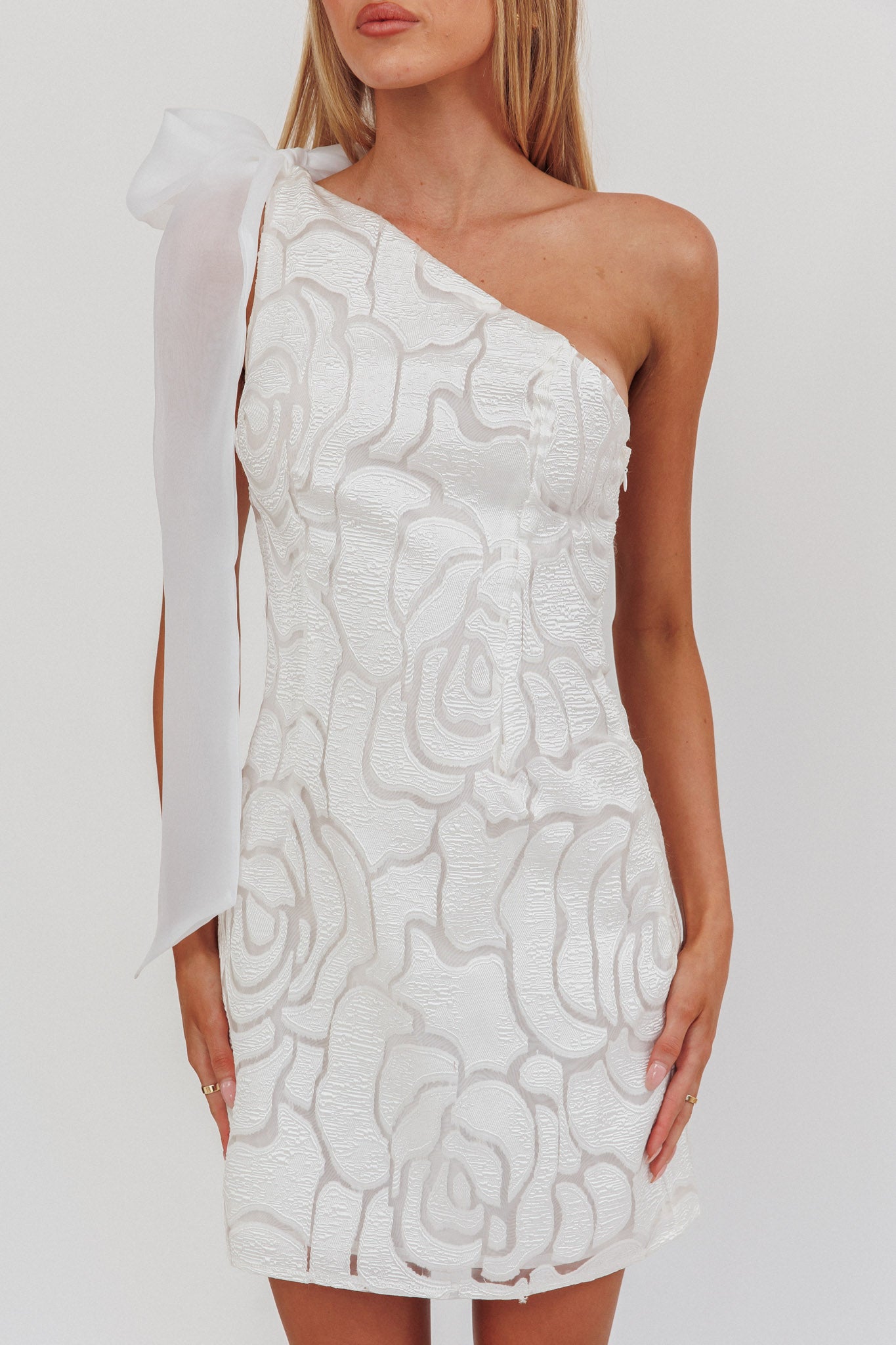 Camil One Shoulder Bow Mini Dress White-Fable Dress