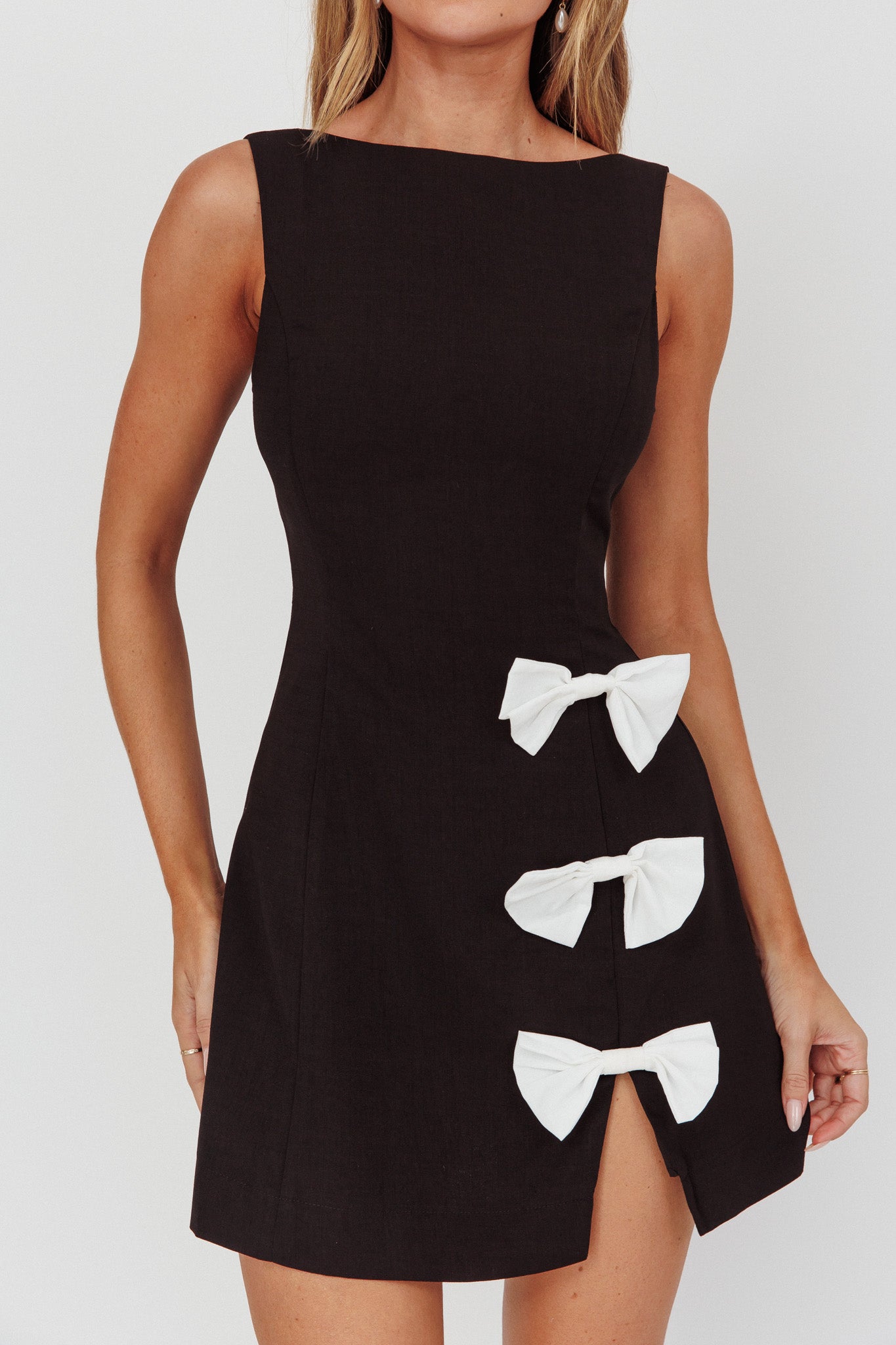Ascott Bow Slit Mini Dress Black-Fable Dress