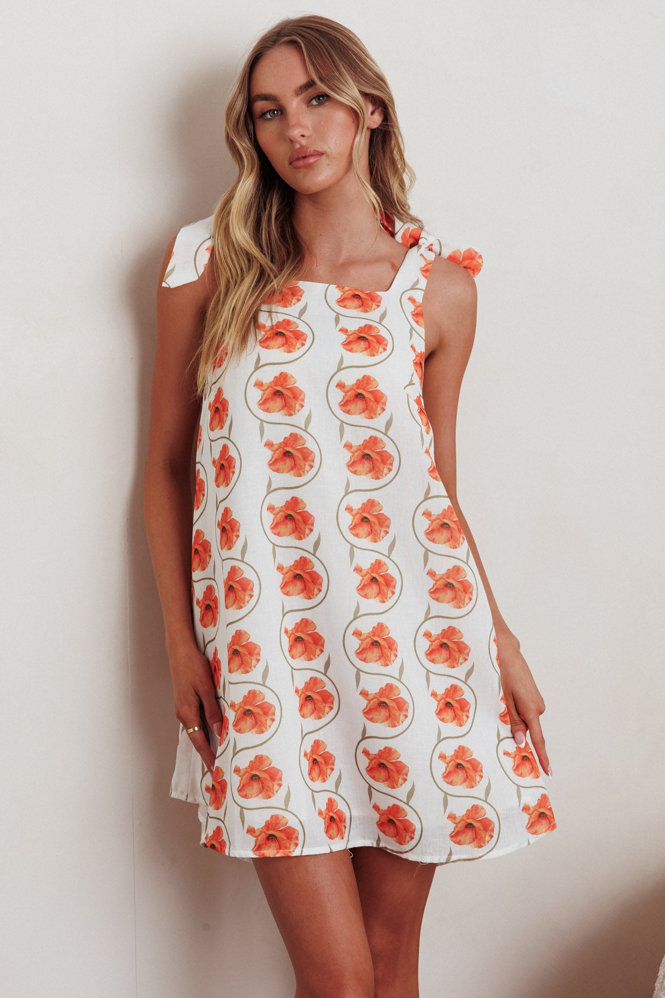 Annalee Tied Shoulder Mini Dress Floral Orange-Fable Dress