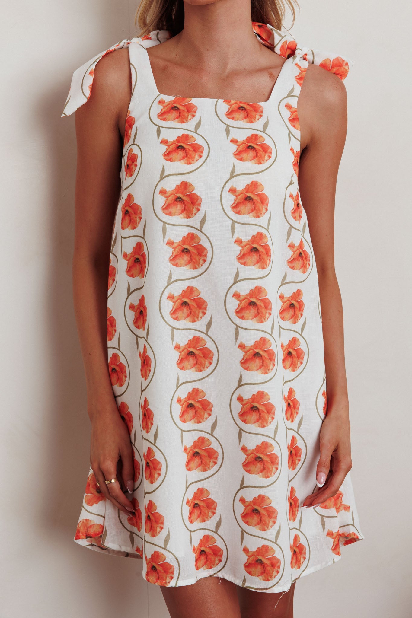 Annalee Tied Shoulder Mini Dress Floral Orange-Fable Dress