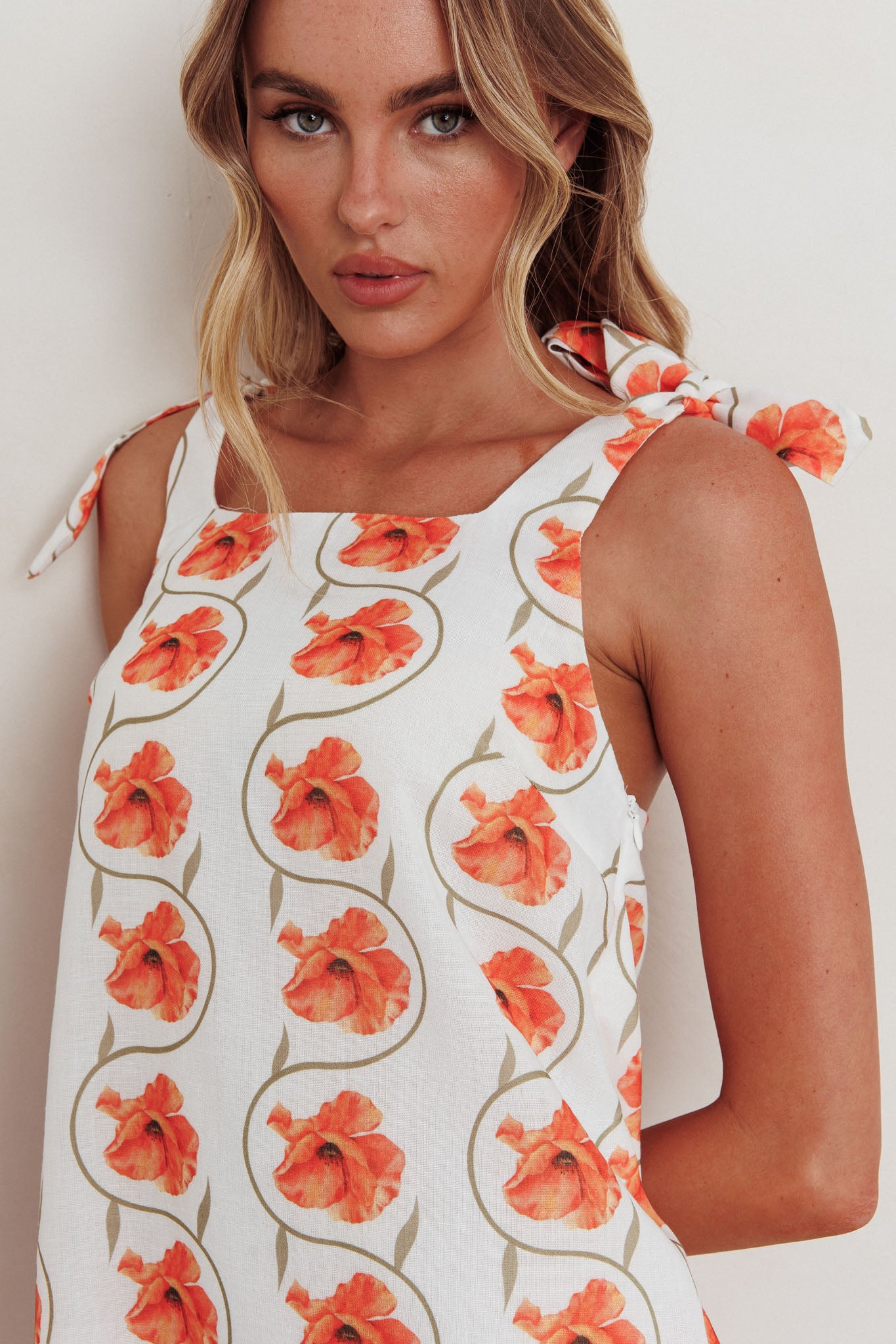 Annalee Tied Shoulder Mini Dress Floral Orange-Fable Dress