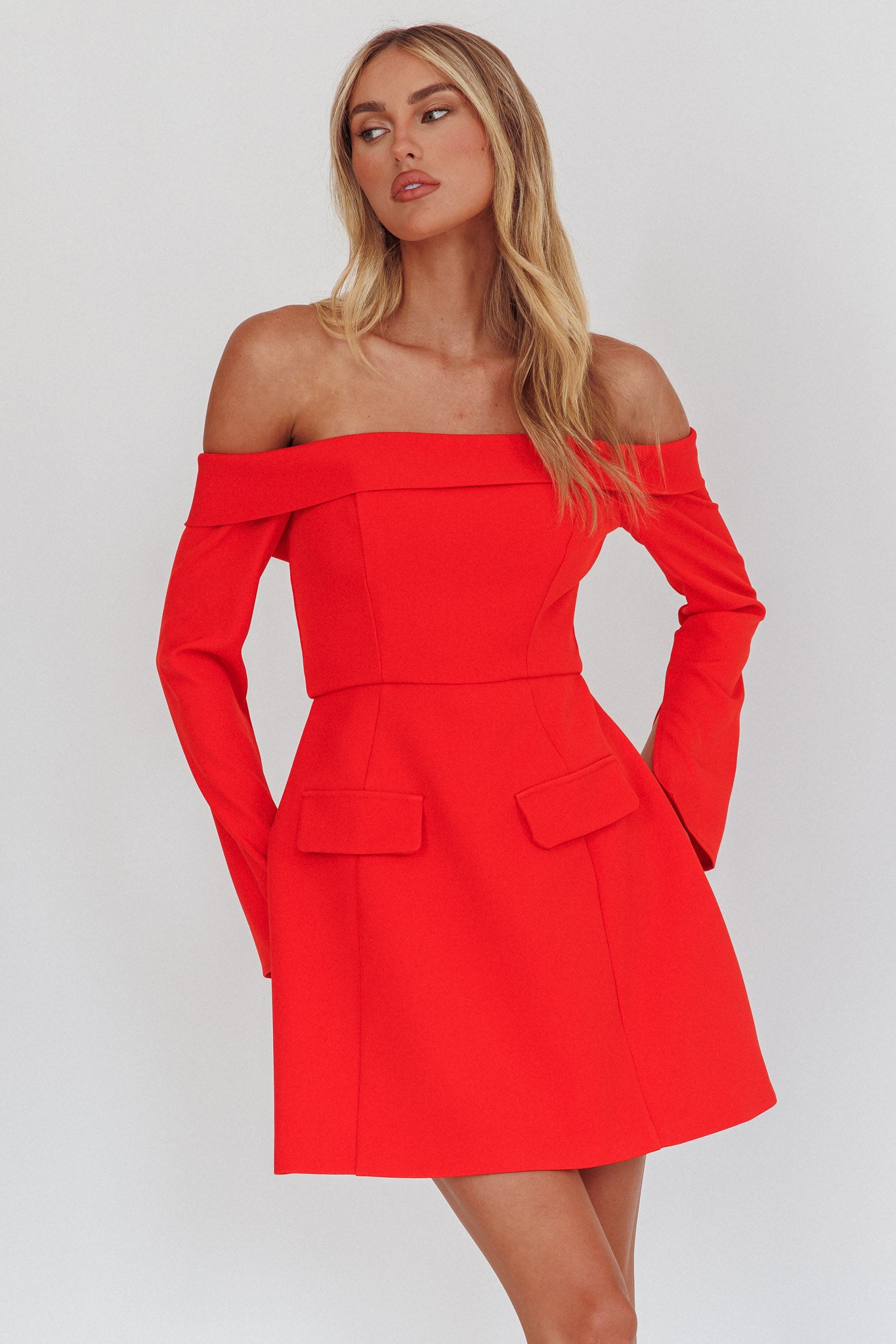 Laviniah Foldover Long Sleeve Mini Dress Red-Fable Dress