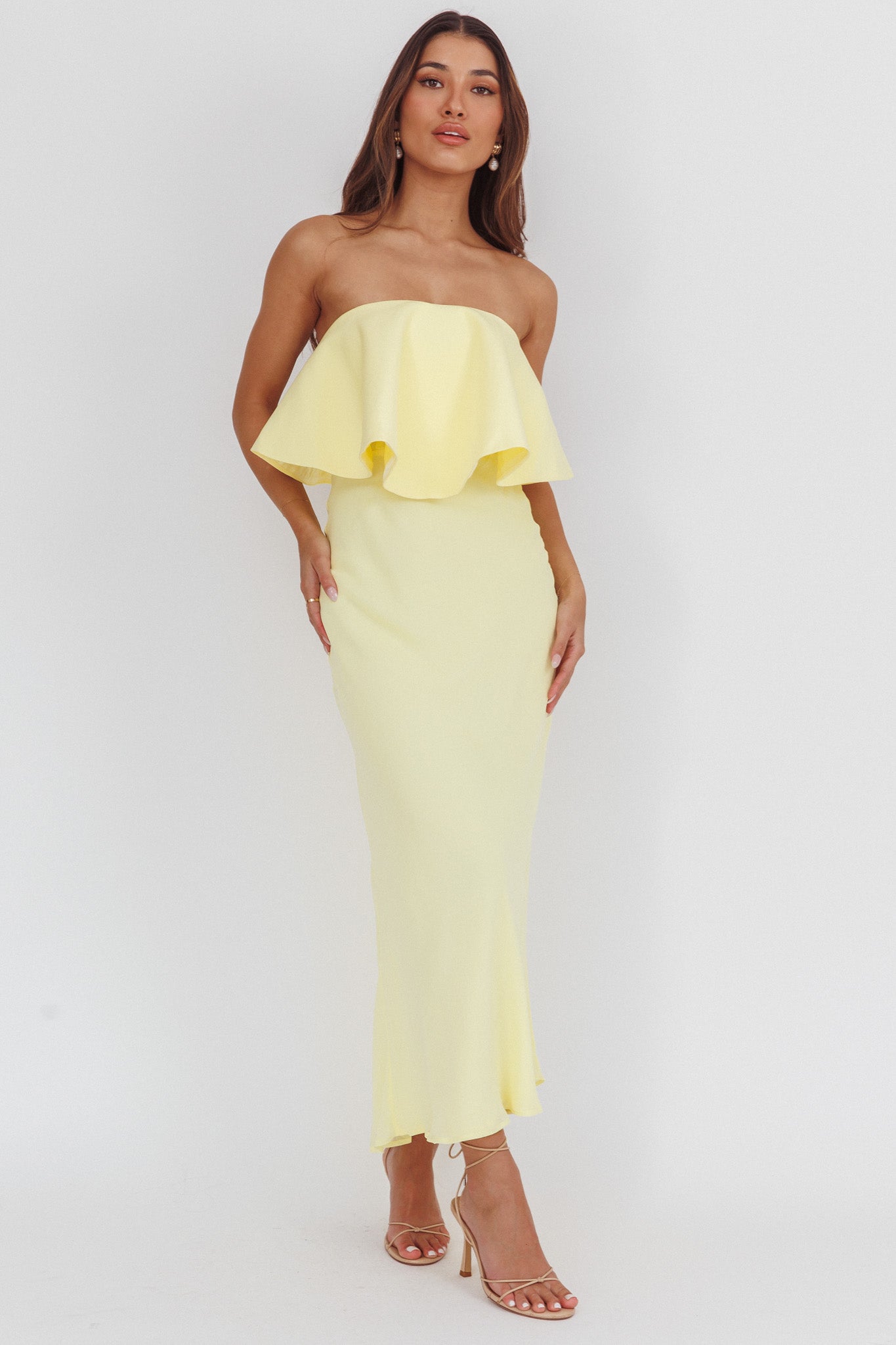 Nerina Strapless Ruffle Neckline Maxi Dress Panna Cotta-Fable Dress