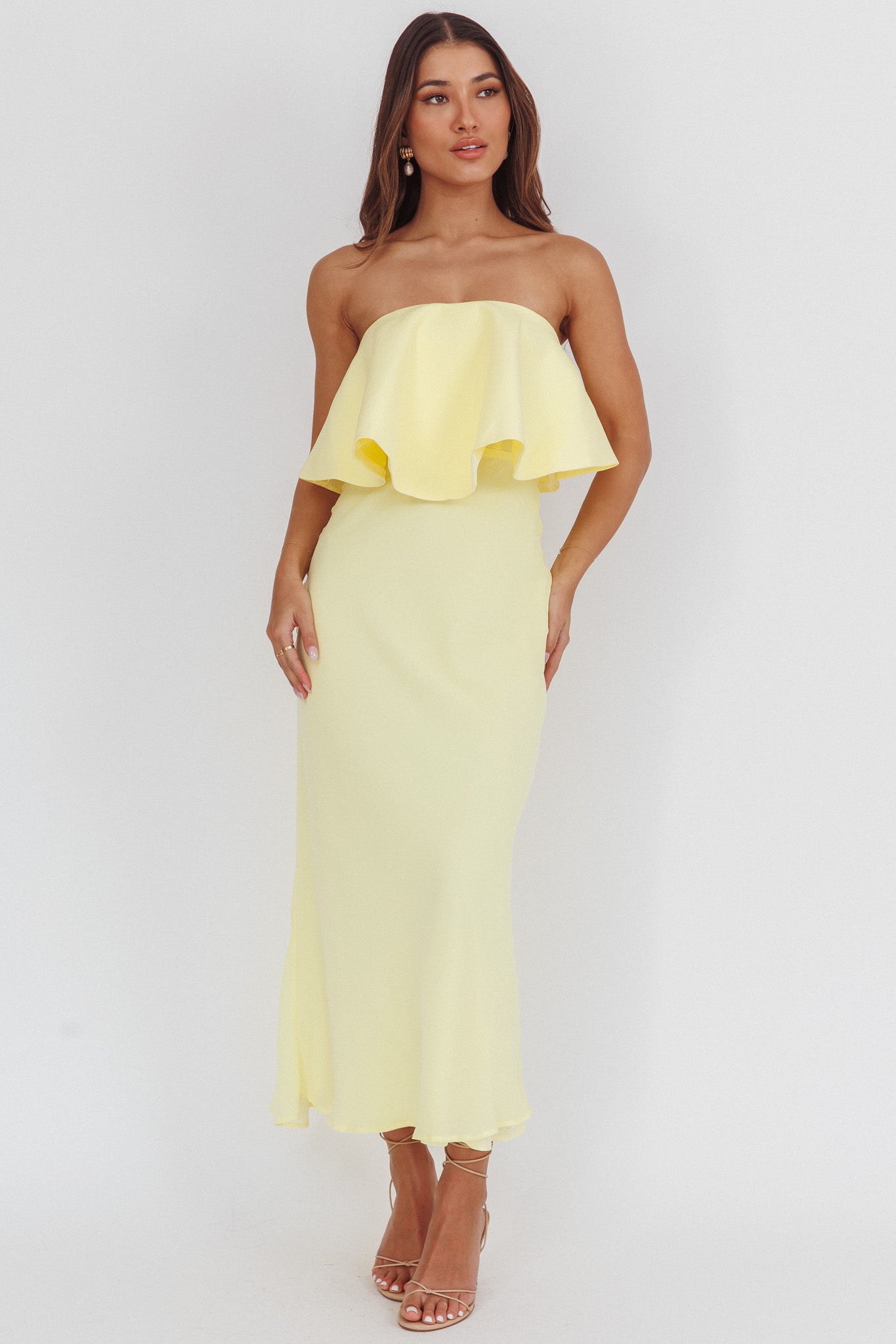 Nerina Strapless Ruffle Neckline Maxi Dress Panna Cotta-Fable Dress