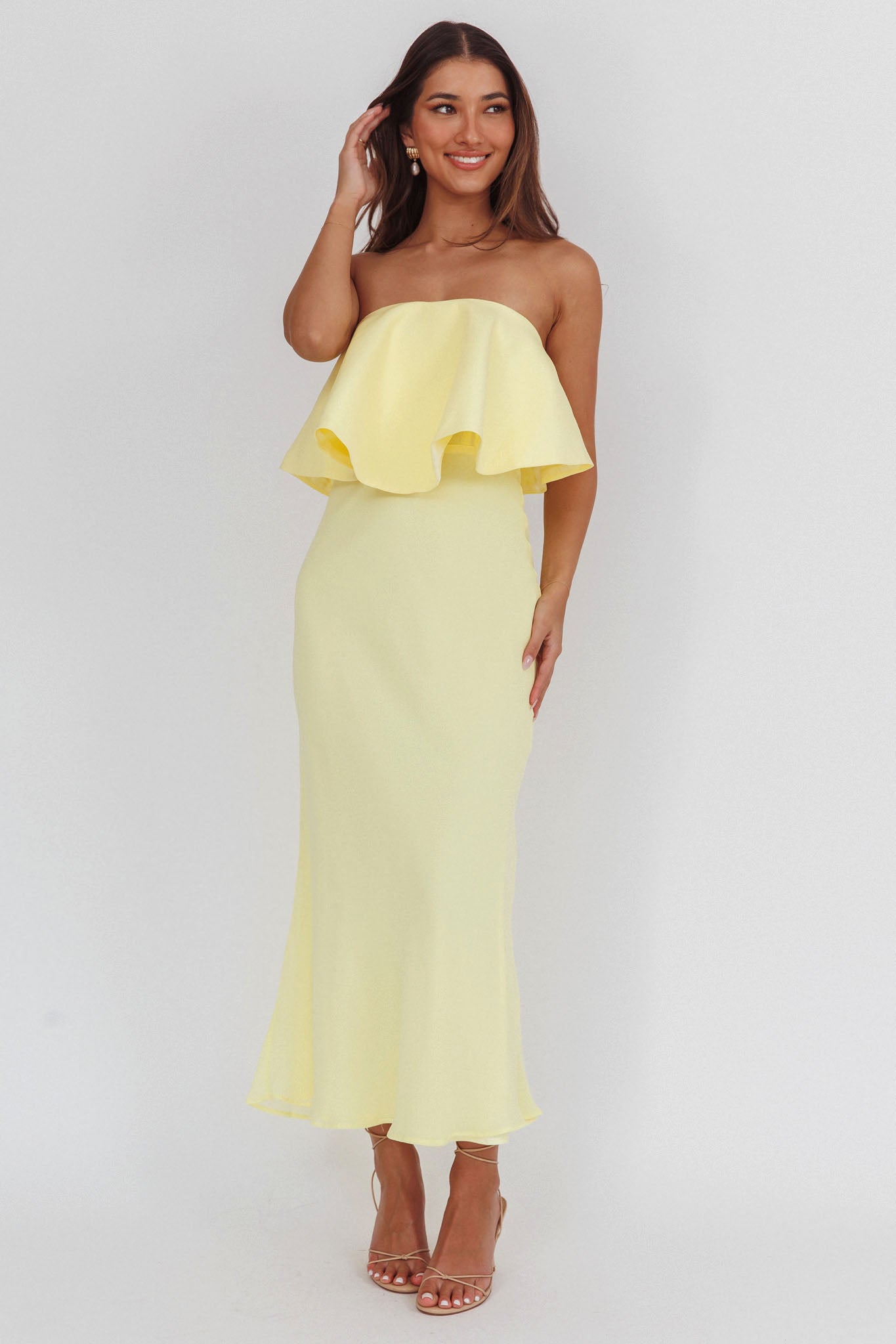 Nerina Strapless Ruffle Neckline Maxi Dress Panna Cotta-Fable Dress