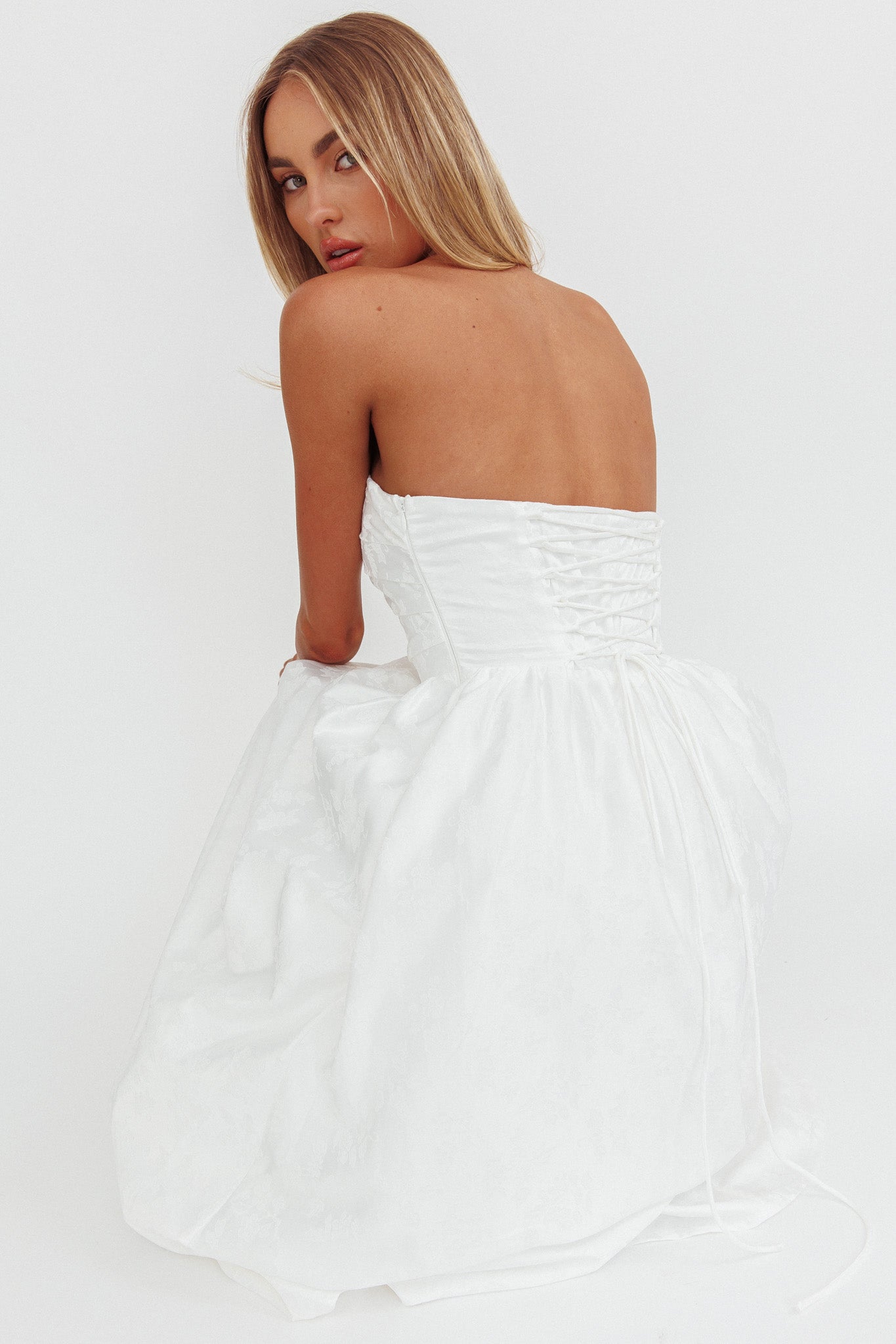 Anushka Strapless Empire Maxi Dress Jacquard White-Fable Dress