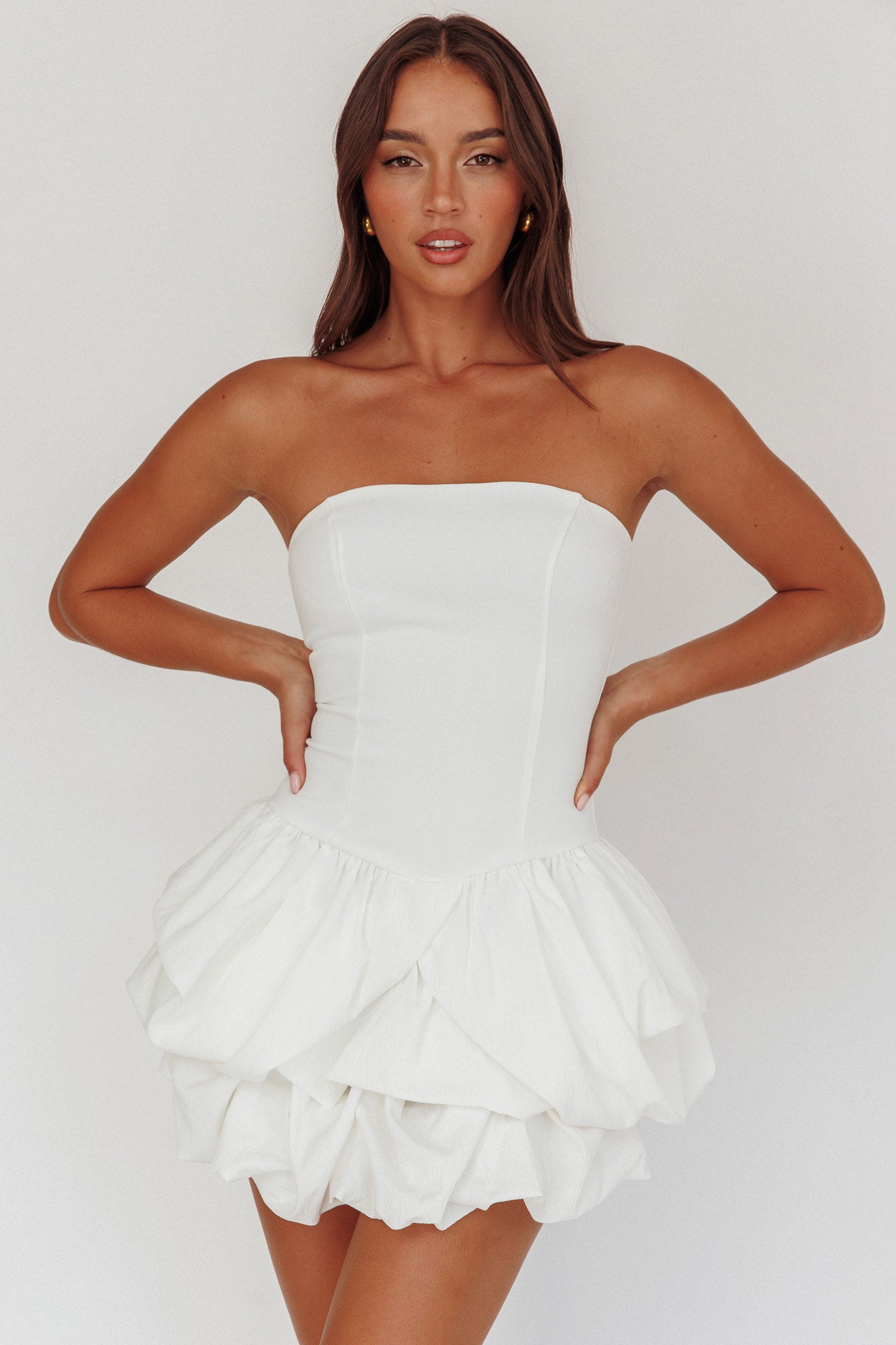 Nefiti Strapless Layered Bubble Hem Dress White-Fable Dress