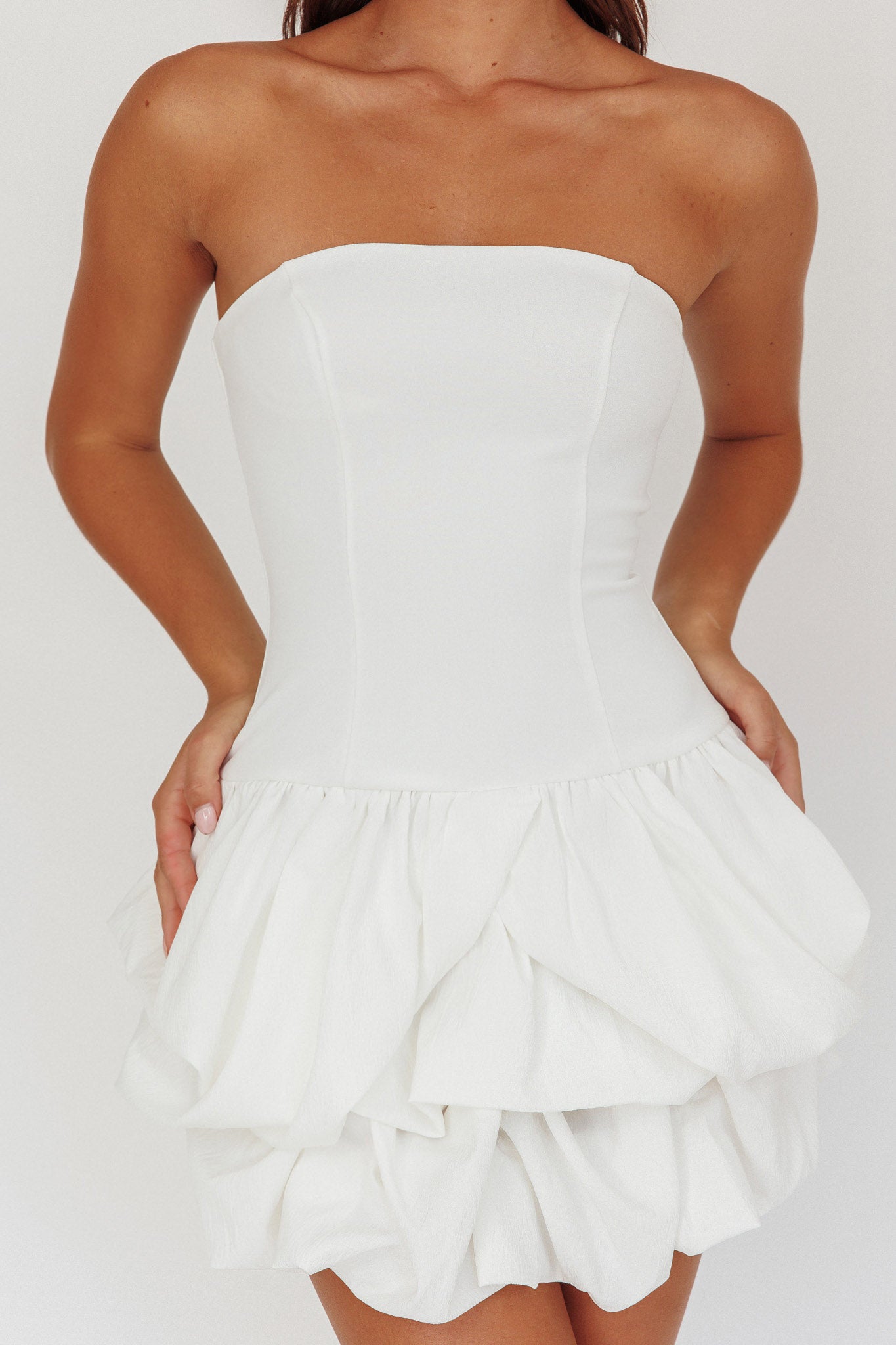 Nefiti Strapless Layered Bubble Hem Dress White-Fable Dress