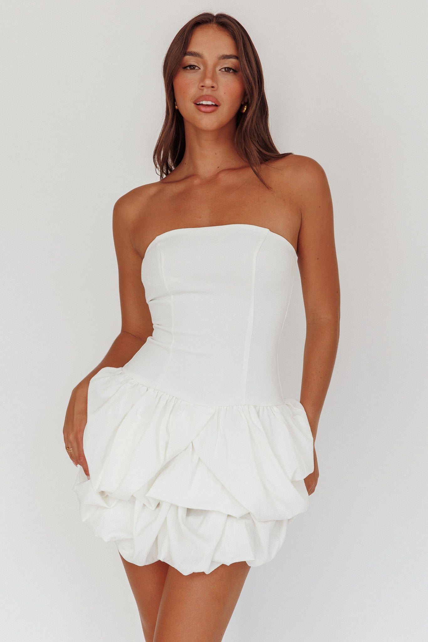 Nefiti Strapless Layered Bubble Hem Dress White-Fable Dress