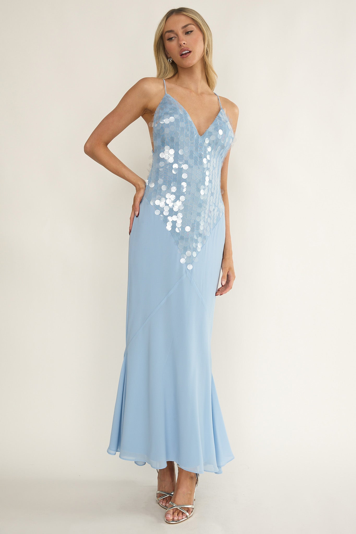 Meranda V-Neck Criss-Cross Maxi Dress Sequin Blue-Fable Dress