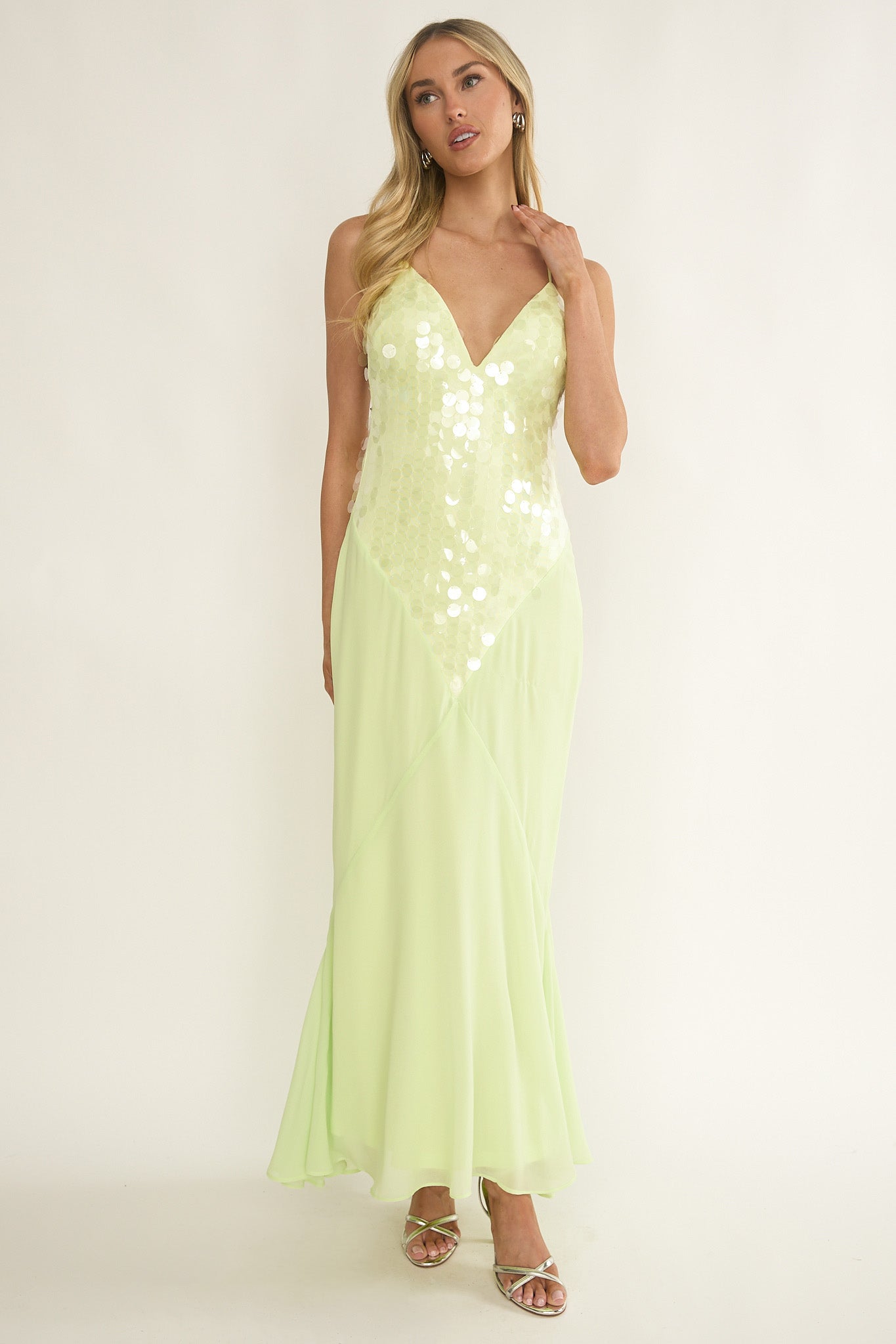 Meranda V-Neck Criss-Cross Maxi Dress Sequin Yellow-Fable Dress