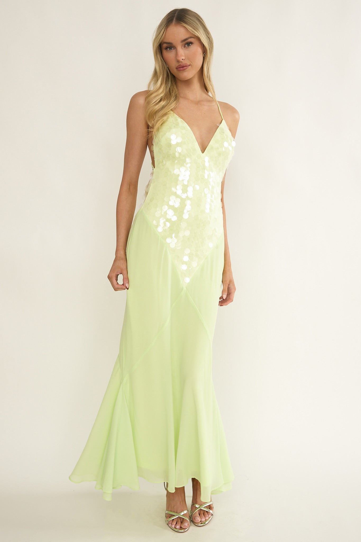 Meranda V-Neck Criss-Cross Maxi Dress Sequin Yellow-Fable Dress