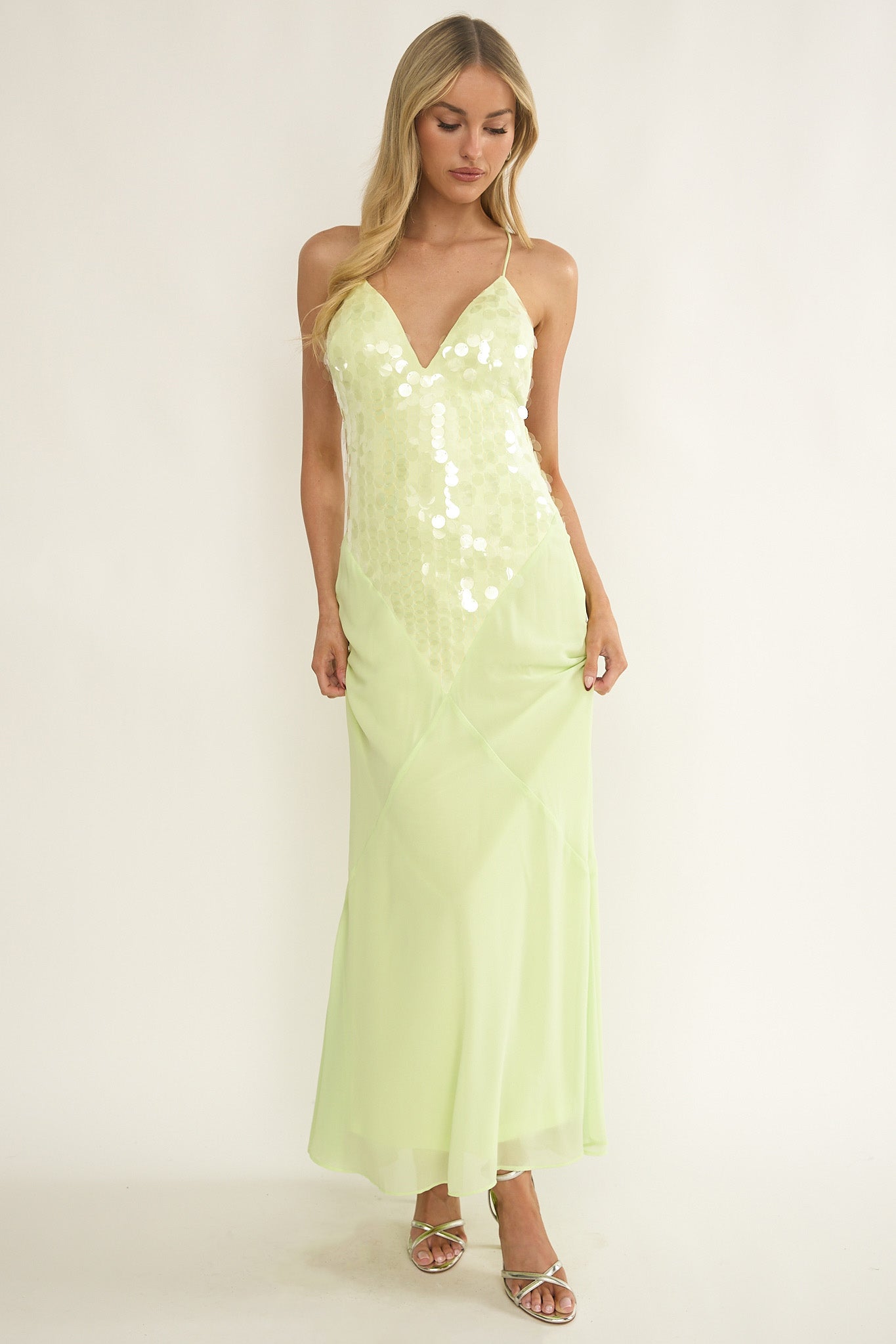 Meranda V-Neck Criss-Cross Maxi Dress Sequin Yellow-Fable Dress