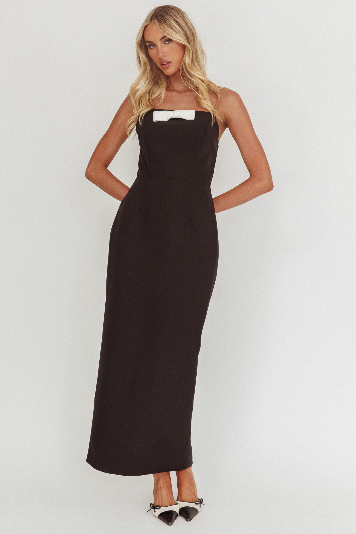 Cocktail Party Strapless Bow Bust Maxi Dress Black-Fable Dress