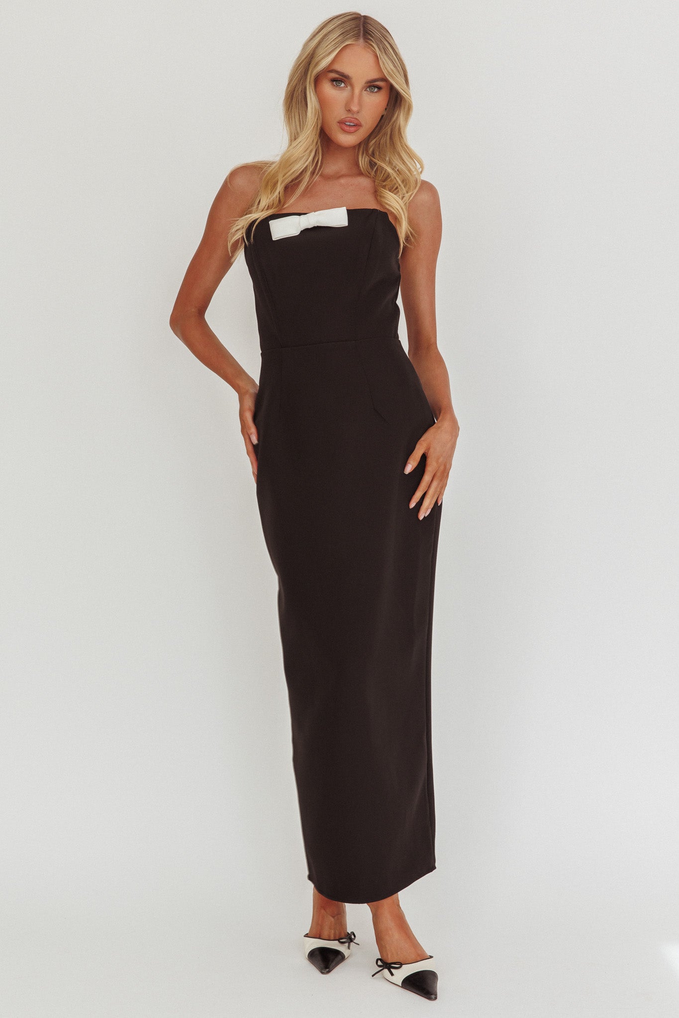 Cocktail Party Strapless Bow Bust Maxi Dress Black-Fable Dress