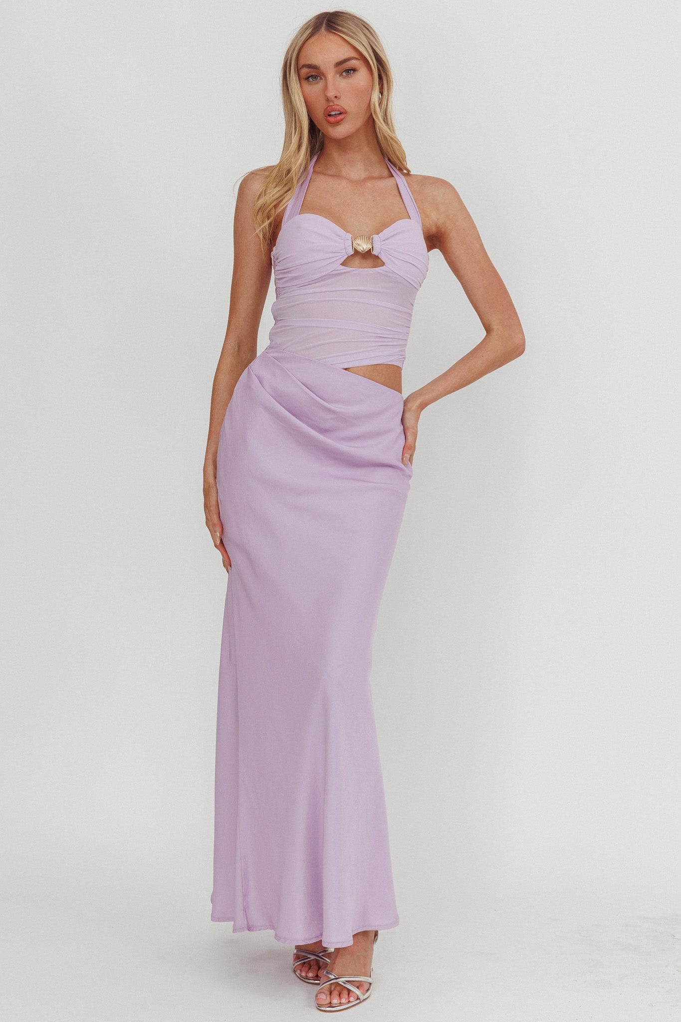 Sandy Shell Buckle Halter Maxi Dress Lilac-Fable Dress